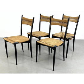 Set 4 Gio Ponti style Italian Dining Chairs. Ebonized Frames. Woven Rush Seats with Unique Design Pa (1 of 16)