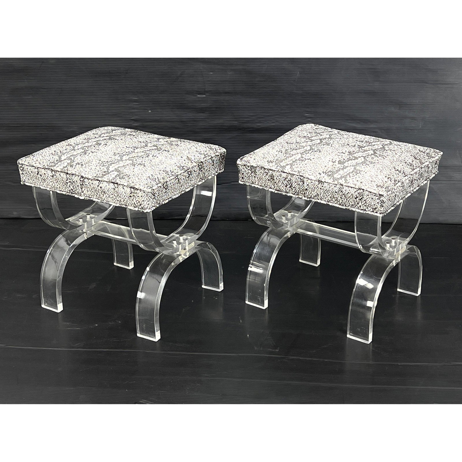 Pair HILL Manufacturing Lucite X base benches with faux snakeskin upholstery label. (1 of 11)