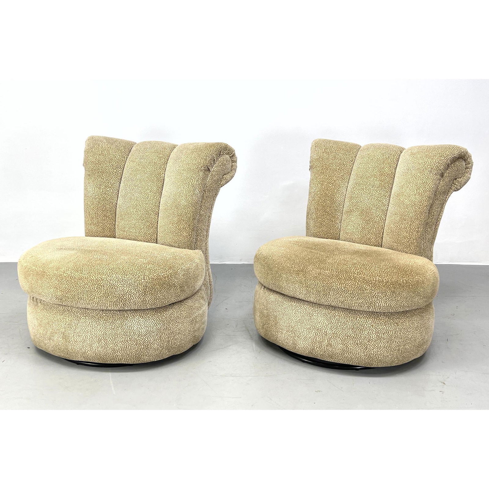 Pr Upholstered Animal Print Swivel Lounge Chairs. Rolled Channel Back Slipper Chairs. Completely uph (1 of 15)