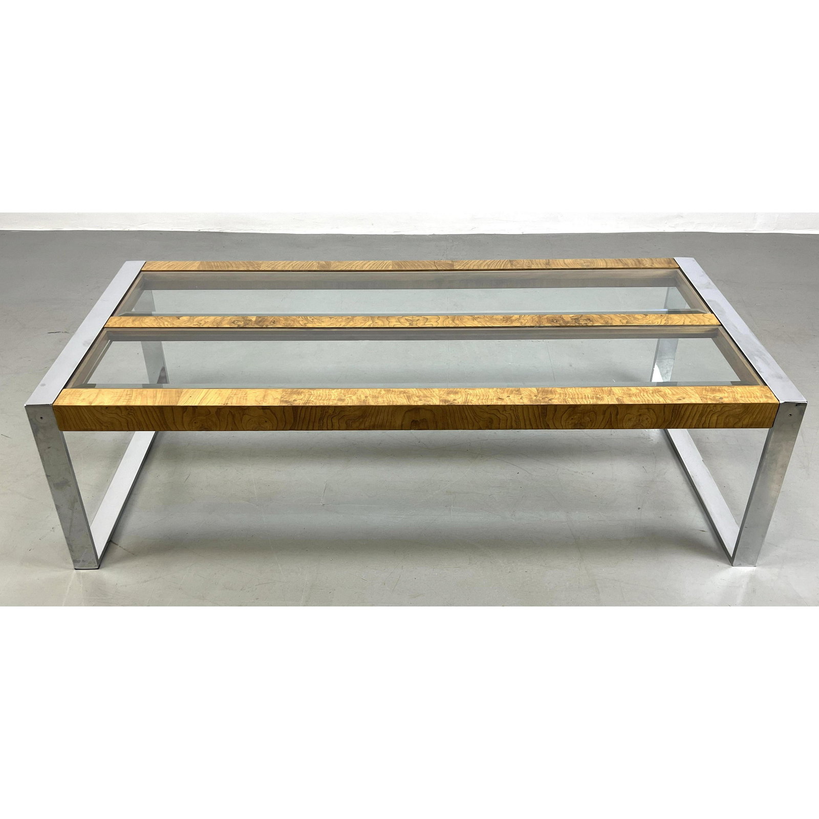 80s Modern Chrome and Burl Coffee Table. (1 of 8)