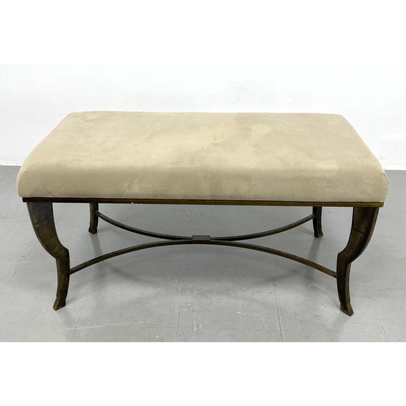 Upholstered Oversized Bench. Heavy Iron frame.: Upholstered Oversized Bench. Heavy Iron frame. Dimensions: H: 19.5 inches: W: 39 inches: D: 20 inches ---