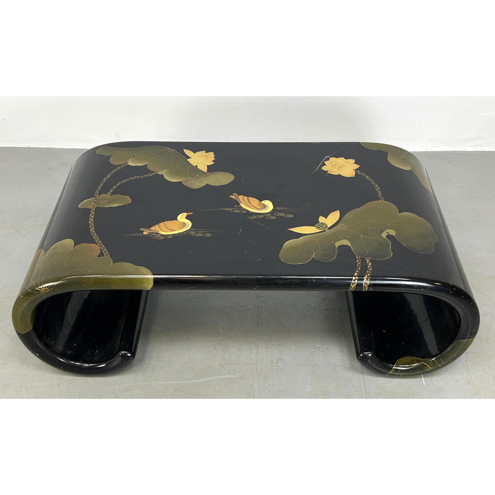 Asian Lacquered Rolled Side Coffee Cocktail Table. Ducks and Lotus Flowers (1 of 14)
