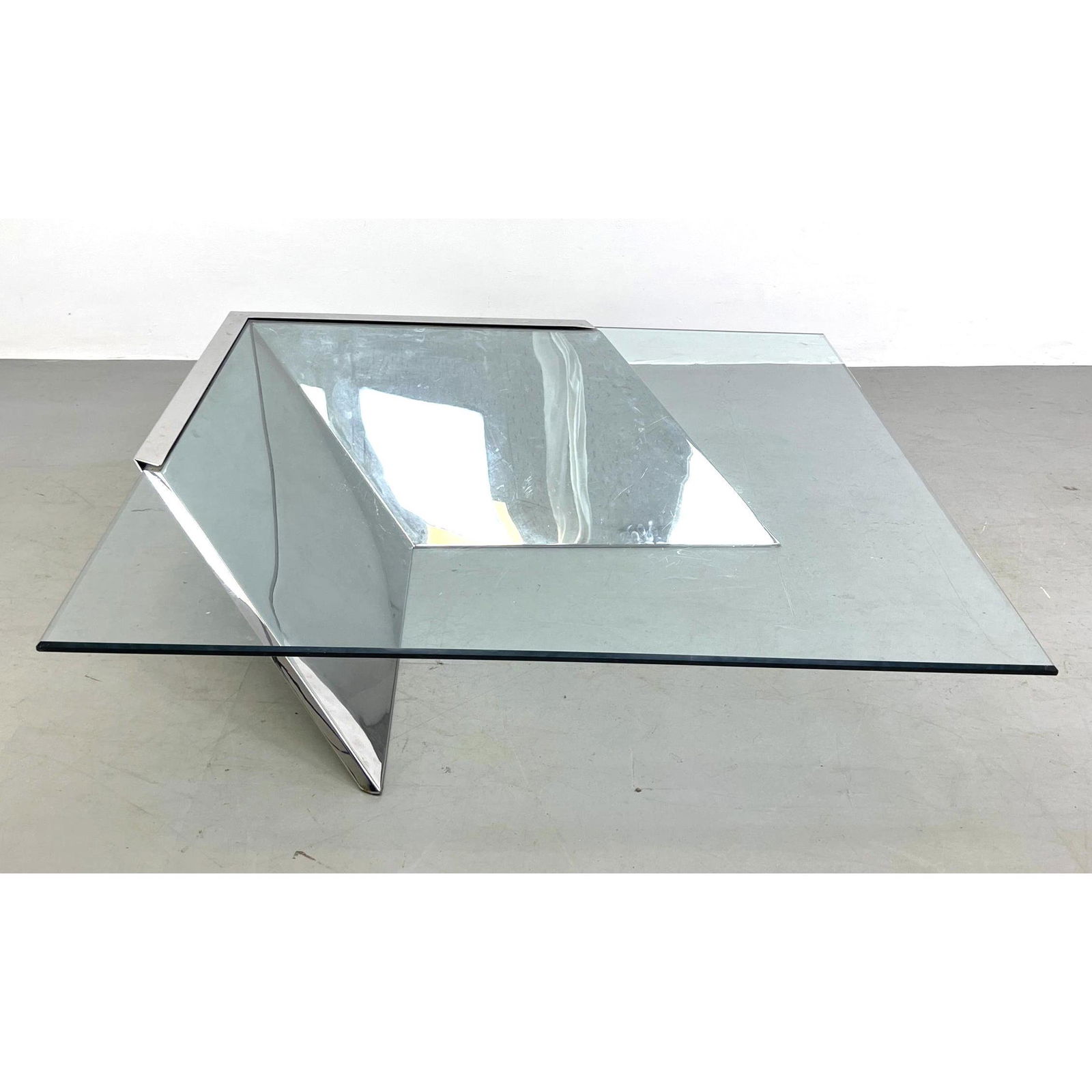J. Wade Beam Brueton Coffee Table.  A chrome and glass cantilevered  coffee table (1 of 9)