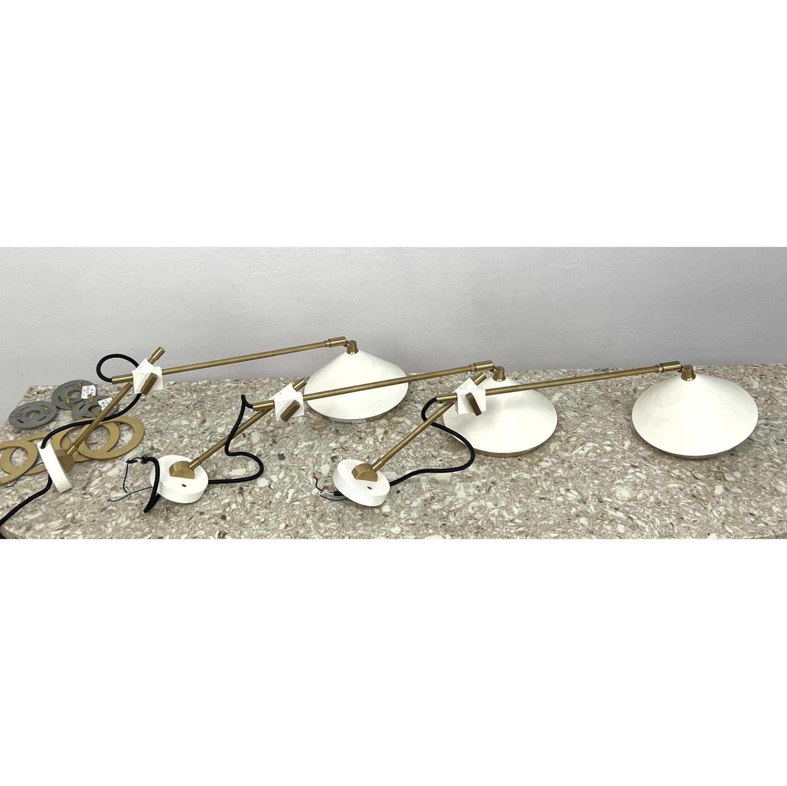 3 pc BURT FRANK Brushed Brass and white adjustable wall sconces. (1 of 11)