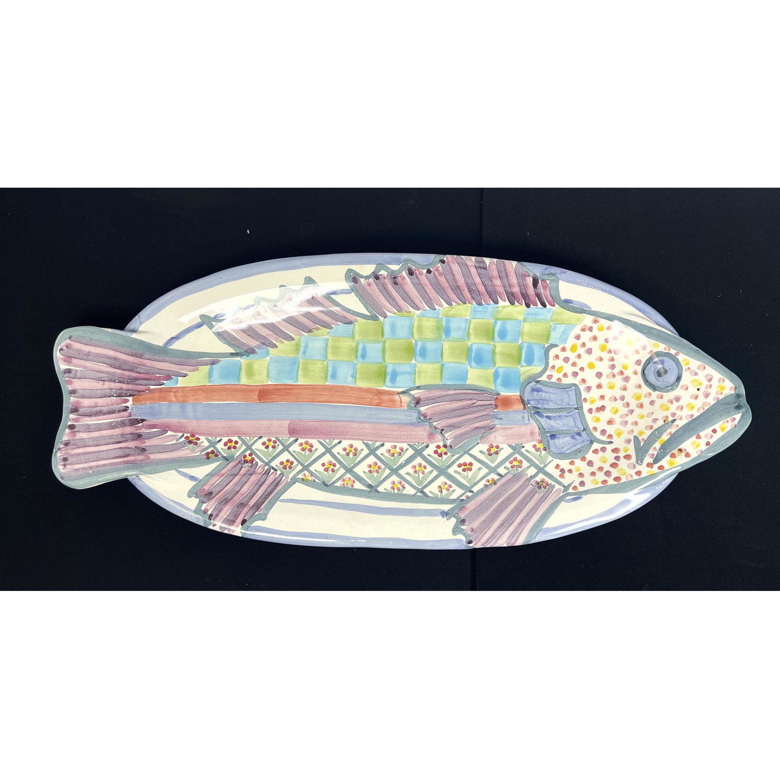 MacKENZIE CHILDS Figural Pottery Fish Platter.  Hand Painted. Marked. (1 of 5)