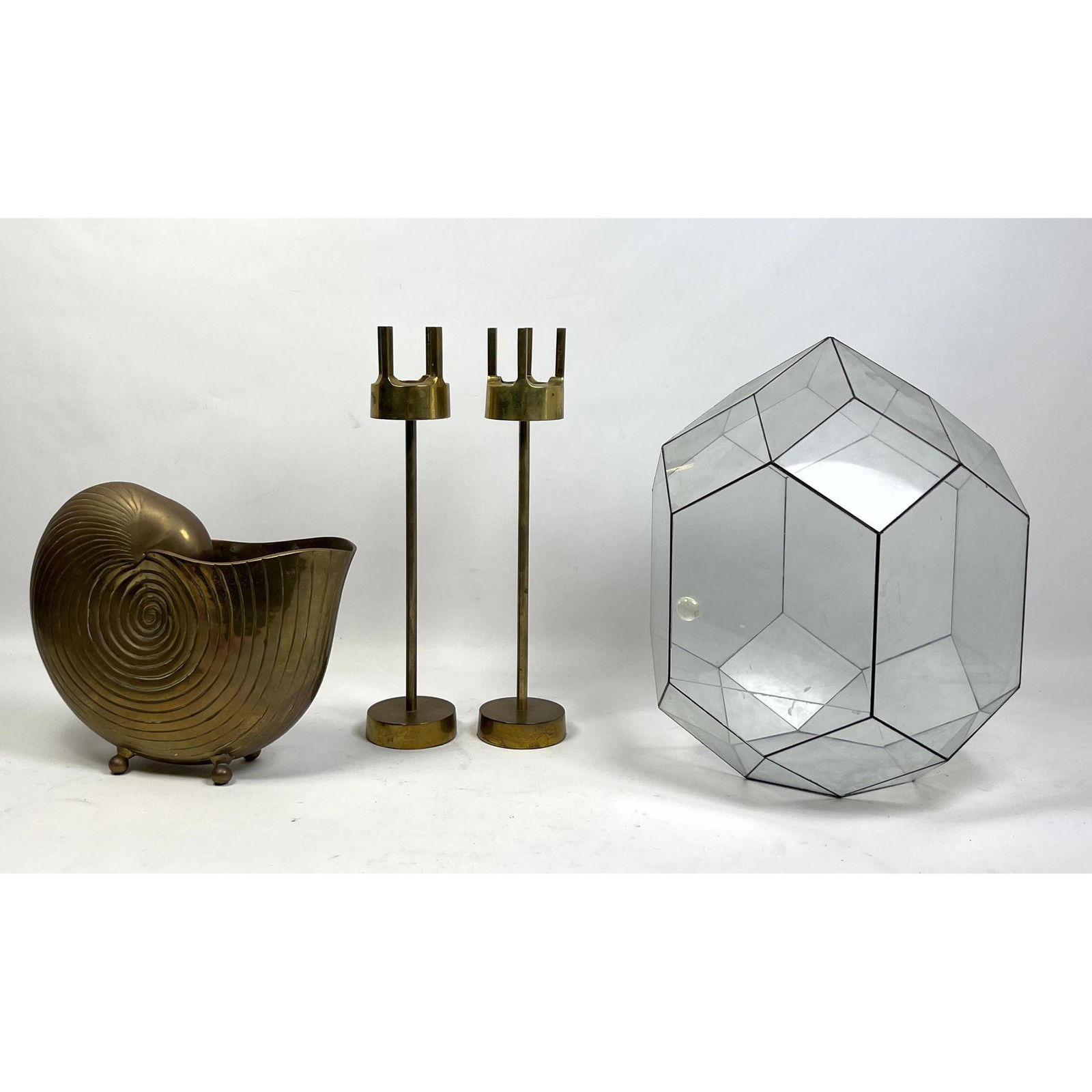 4pc Modern Design Collection. Brass and Glass. Brass Shell Vase Planter. Pr Brass Candlesticks. Face (1 of 14)