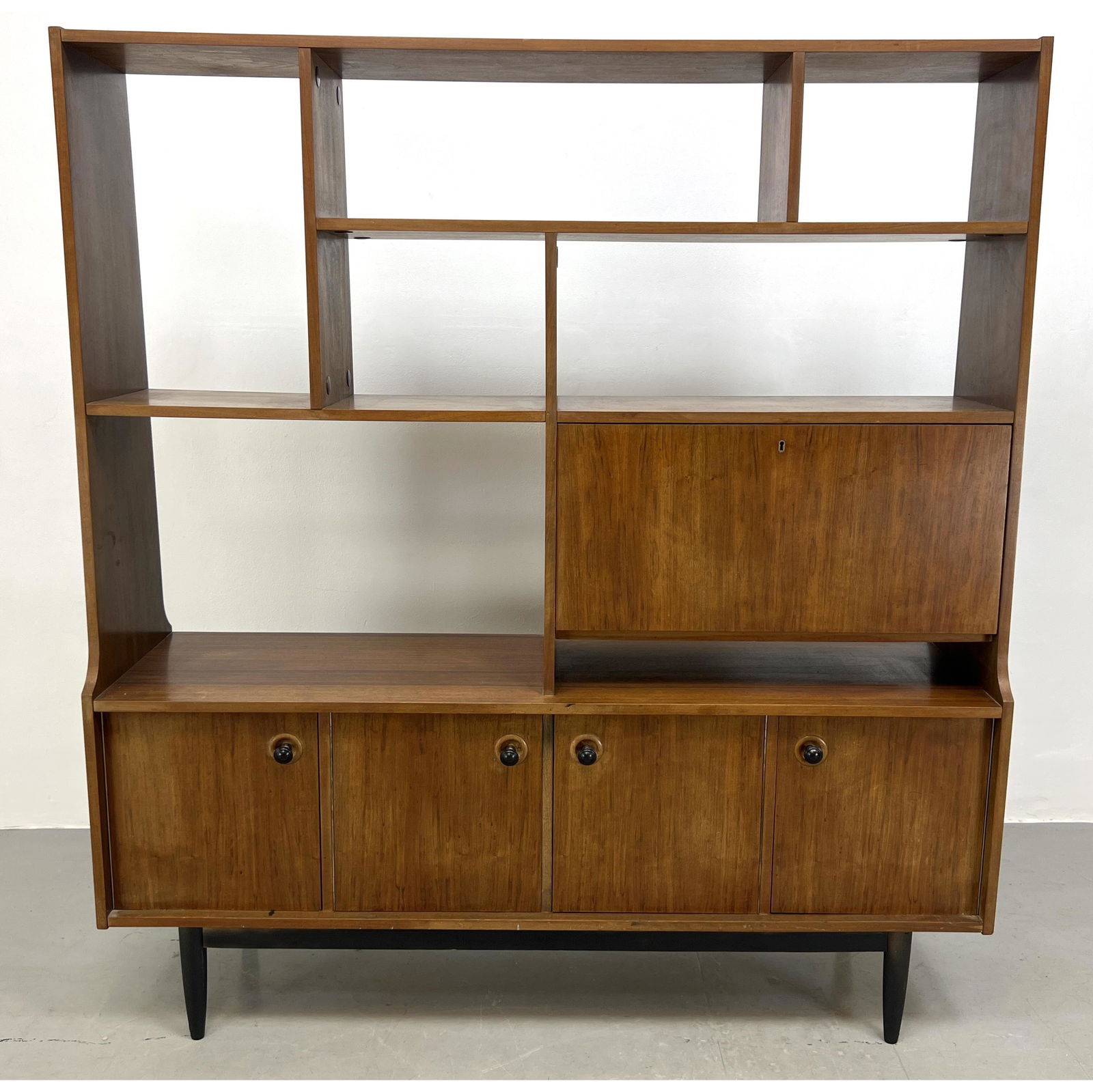 American Modern Walnut Cabinet with Display Shelf. Open display shelves above drop down desk and sto (1 of 16)