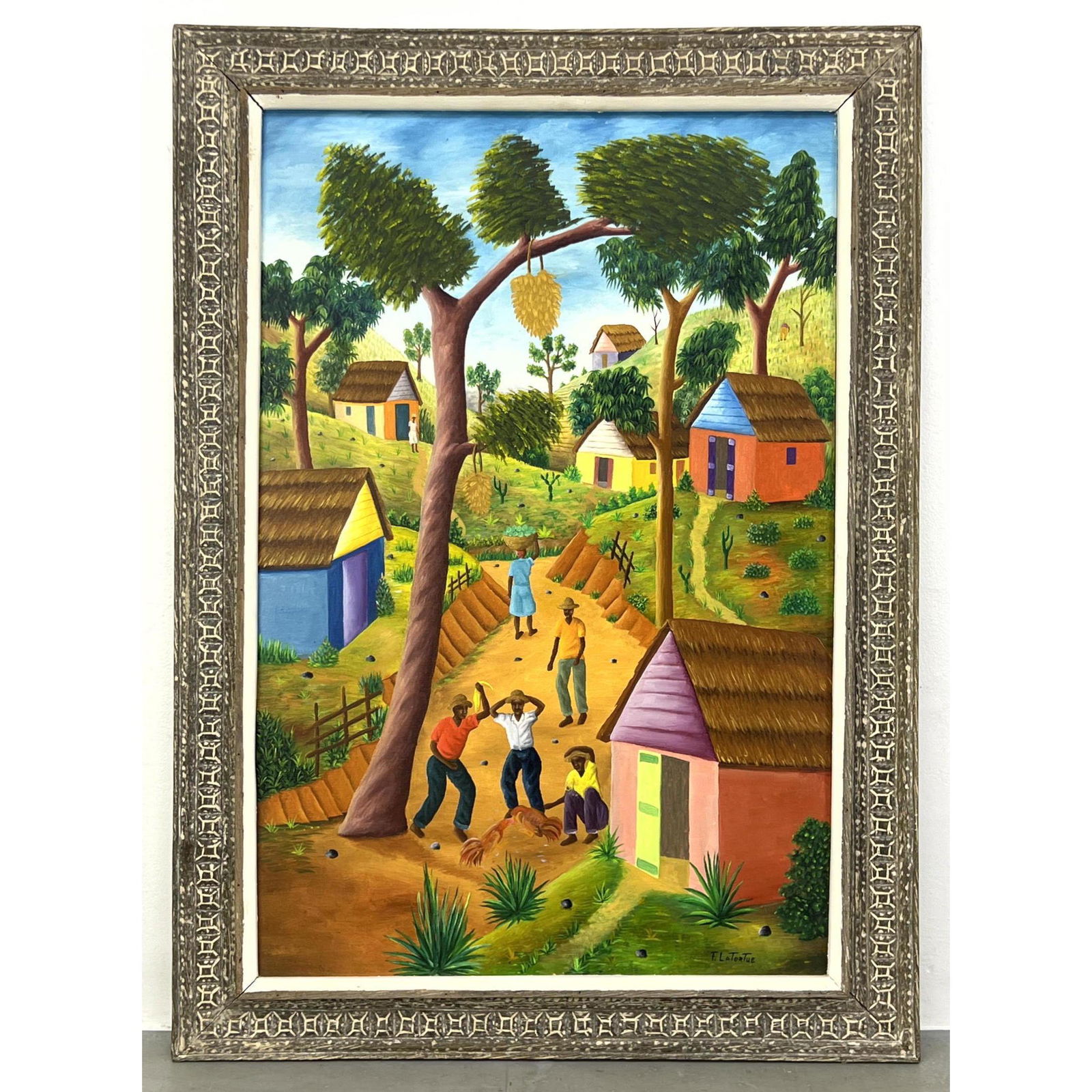FRANKLIN LATORTUE Haitian Figural Painting. Town Scene with People and Houses. Signed.: FRANKLIN LATORTUE Haitian Figural Painting. Town Scene with People and Houses. Signed. Dimensions: H: 35.5 inches: W: 23.5 inches: Frame Height: 43 inches: Frame Width: 30.5 inches ---