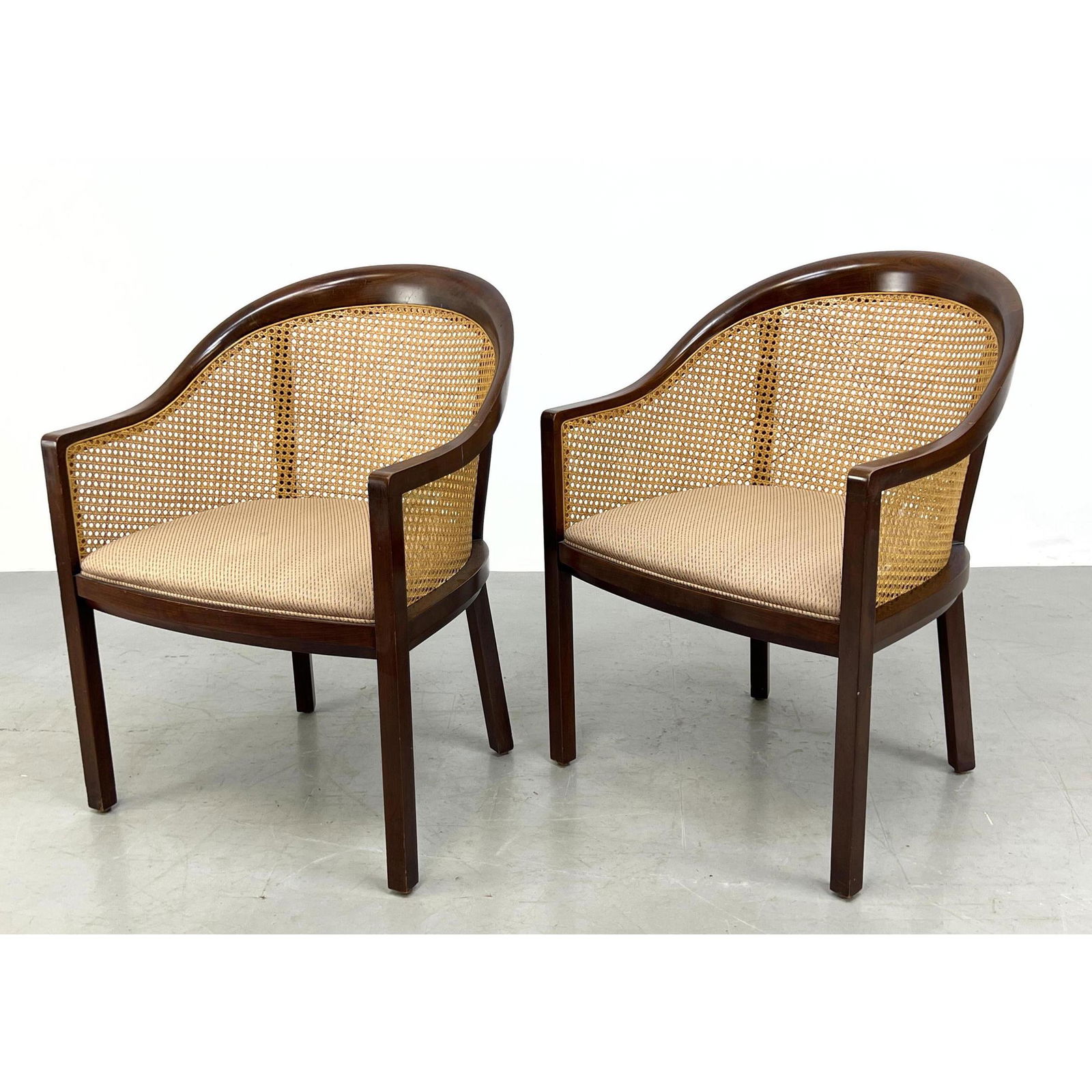 Pr Ward Bennett cane side lounge chairs. Brickell furniture label.: Pr Ward Bennett cane side lounge chairs. Brickell furniture label. Dimensions: H: 33 inches: W: 24 inches: D: 24 inches - Seat Height: 17.5 inches ---