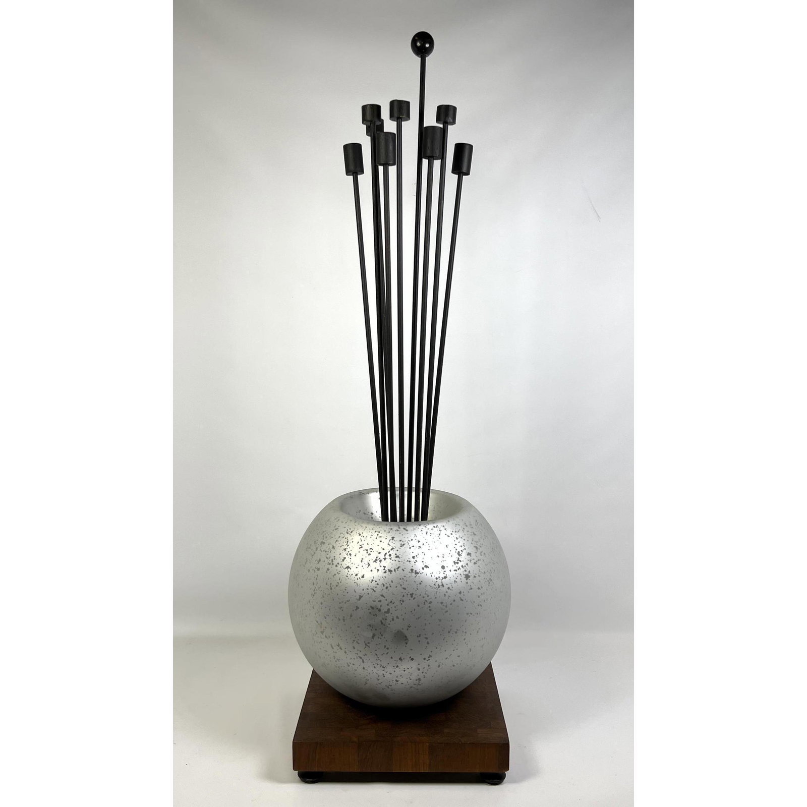 Dennis Sakelson Modernist kinetic Mixed Media sculpture. Butcher block base. Wood stems and glass. s: Dennis Sakelson Modernist kinetic Mixed Media sculpture. Butcher block base. Wood stems and glass. signed. Dimensions: H: 43 inches: W: 14 inches: D: 14 inches ---