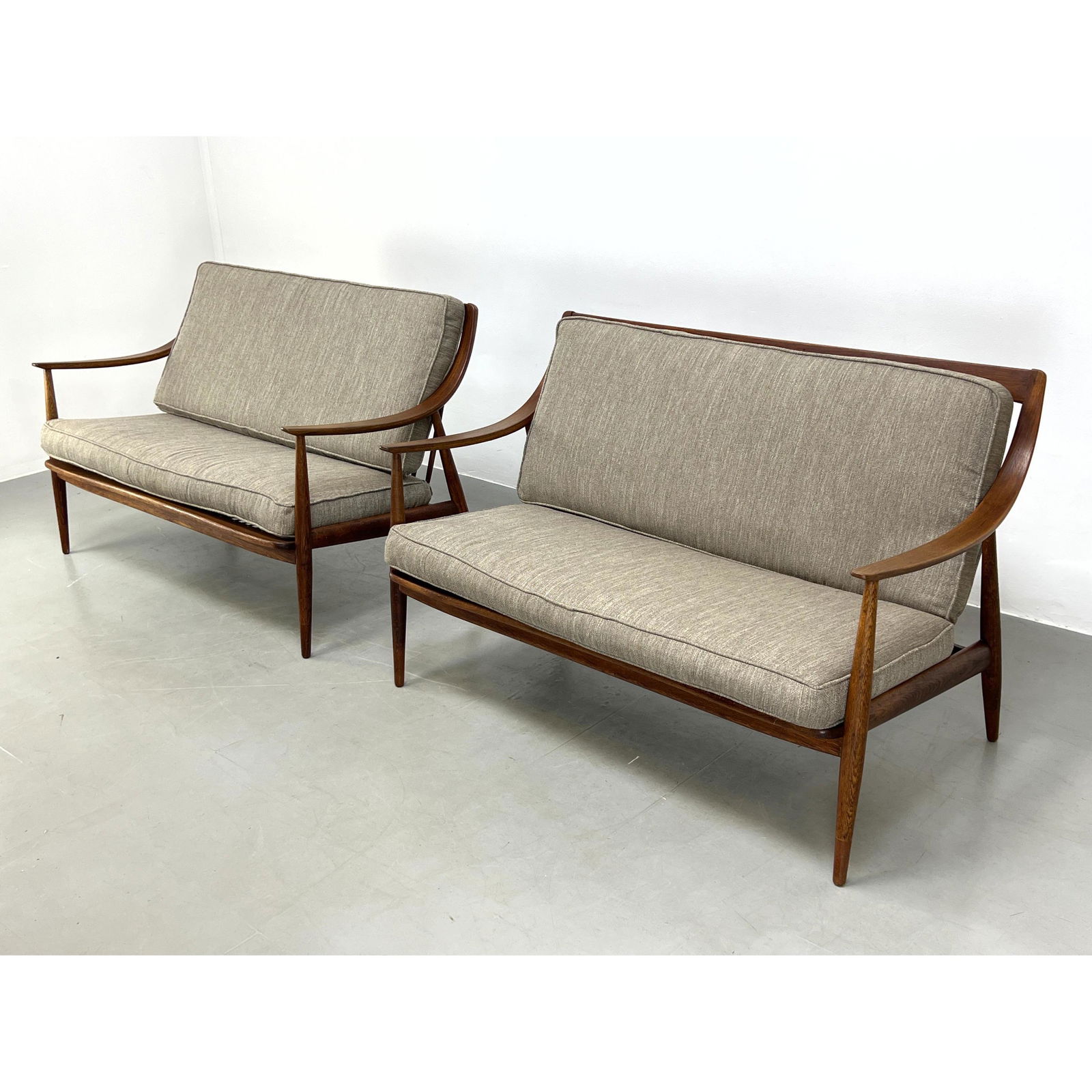 Pr PETER HVIDT Danish Modern Teak Settees Love Seats. Sloped Arms. Spindle Backs. (1 of 16)