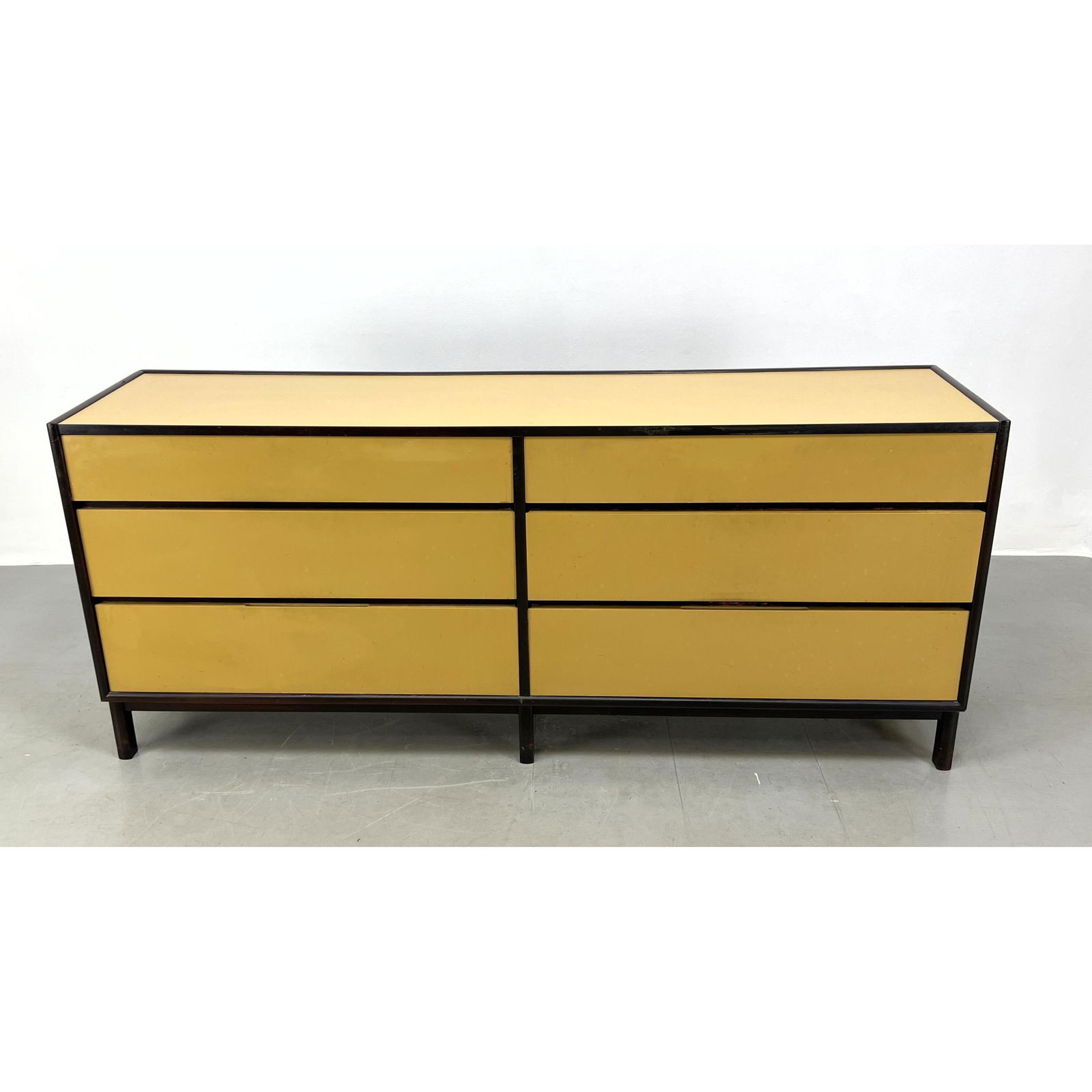 Dunbar Two Tone Modernist Credenza Dresser. Six drawers. Contrasting dark stained cabinet. Metal D t (1 of 15)