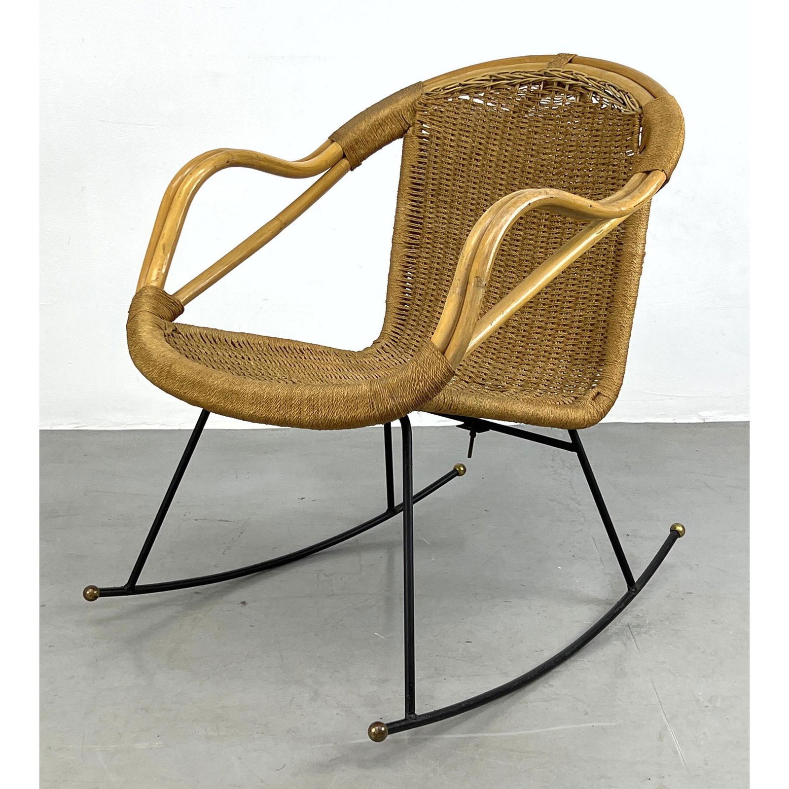 Rattan and Cord Mid Century Modern Rocking Chair.  Iron base. (1 of 11)