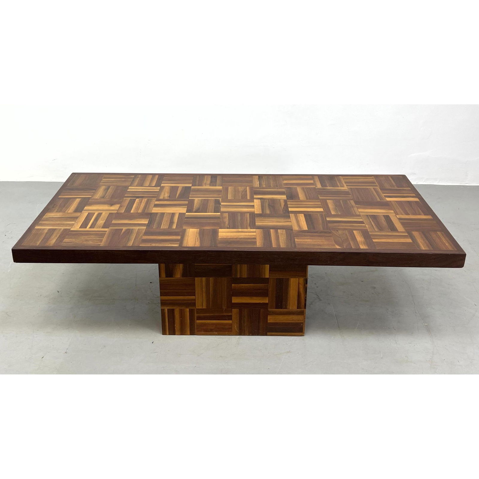 Contemporary Parquet top coffee cocktail table. Hollow cube base (1 of 12)