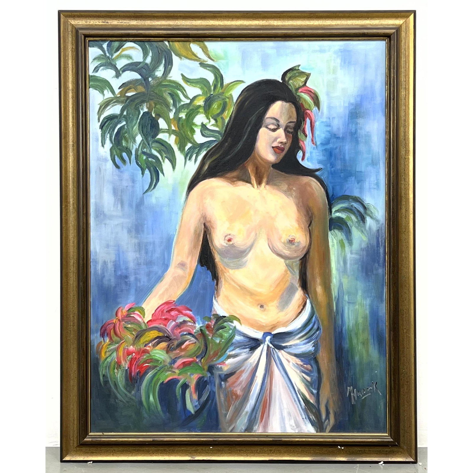 M HANOCK Painting Polynesian female nude.: M HANOCK Painting Polynesian female nude. Dimensions: H: 39.5 inches: W: 29.5 inches: Frame Height: 46 inches: Frame Width: 36 inches ---