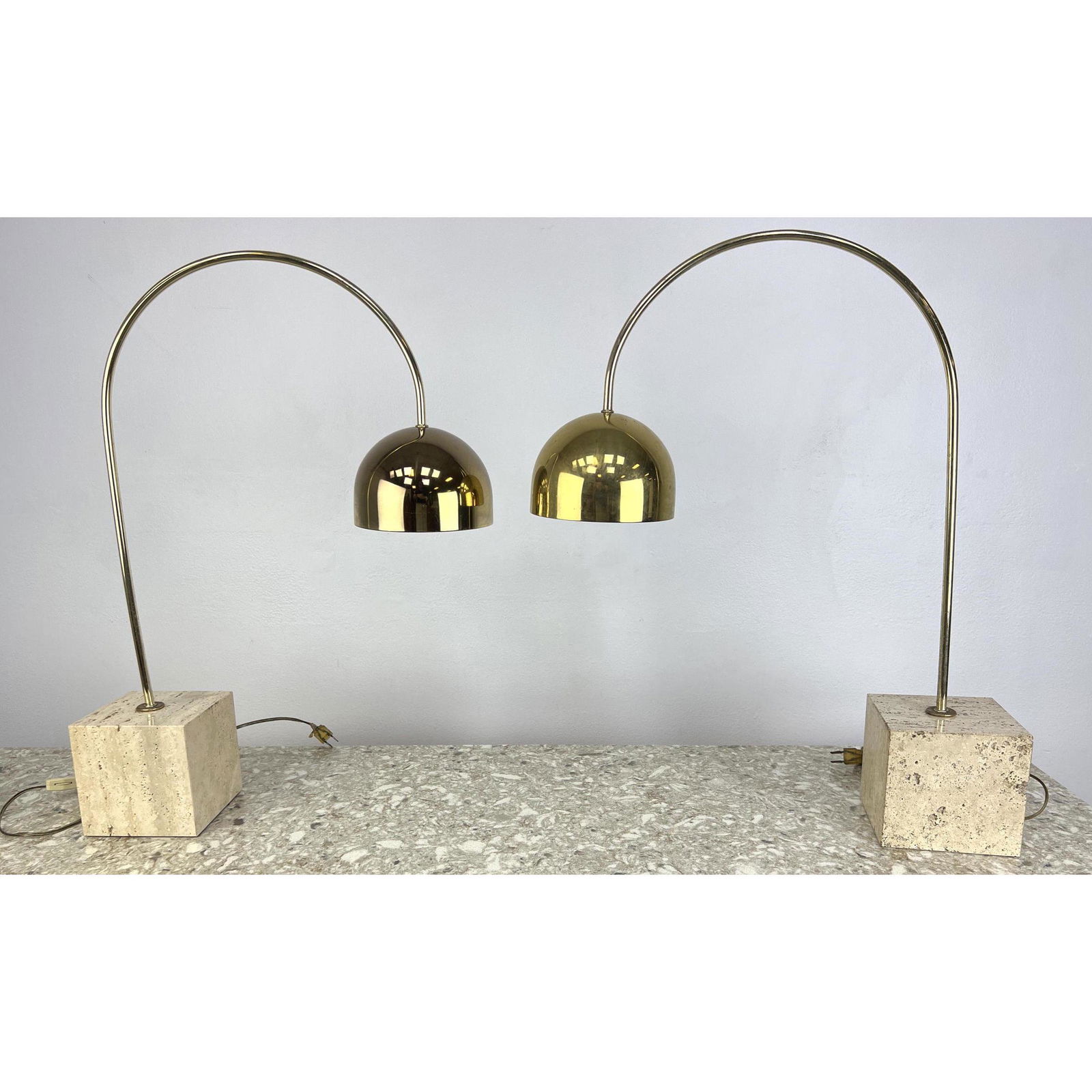Pair GUZZINI BRASS AND TRAVERTINE MARBLE ARC TABLE LAMP (1 of 10)