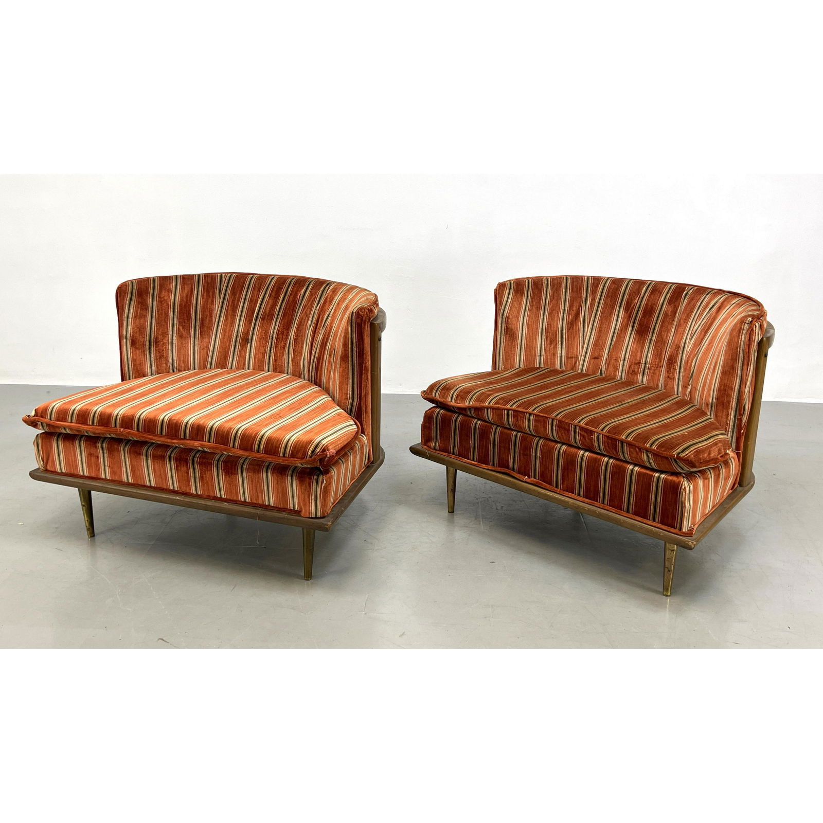 Pr Bowed Back Upholstered Lounge Chairs. Striped upholstery. Tapered metal legs. (1 of 12)