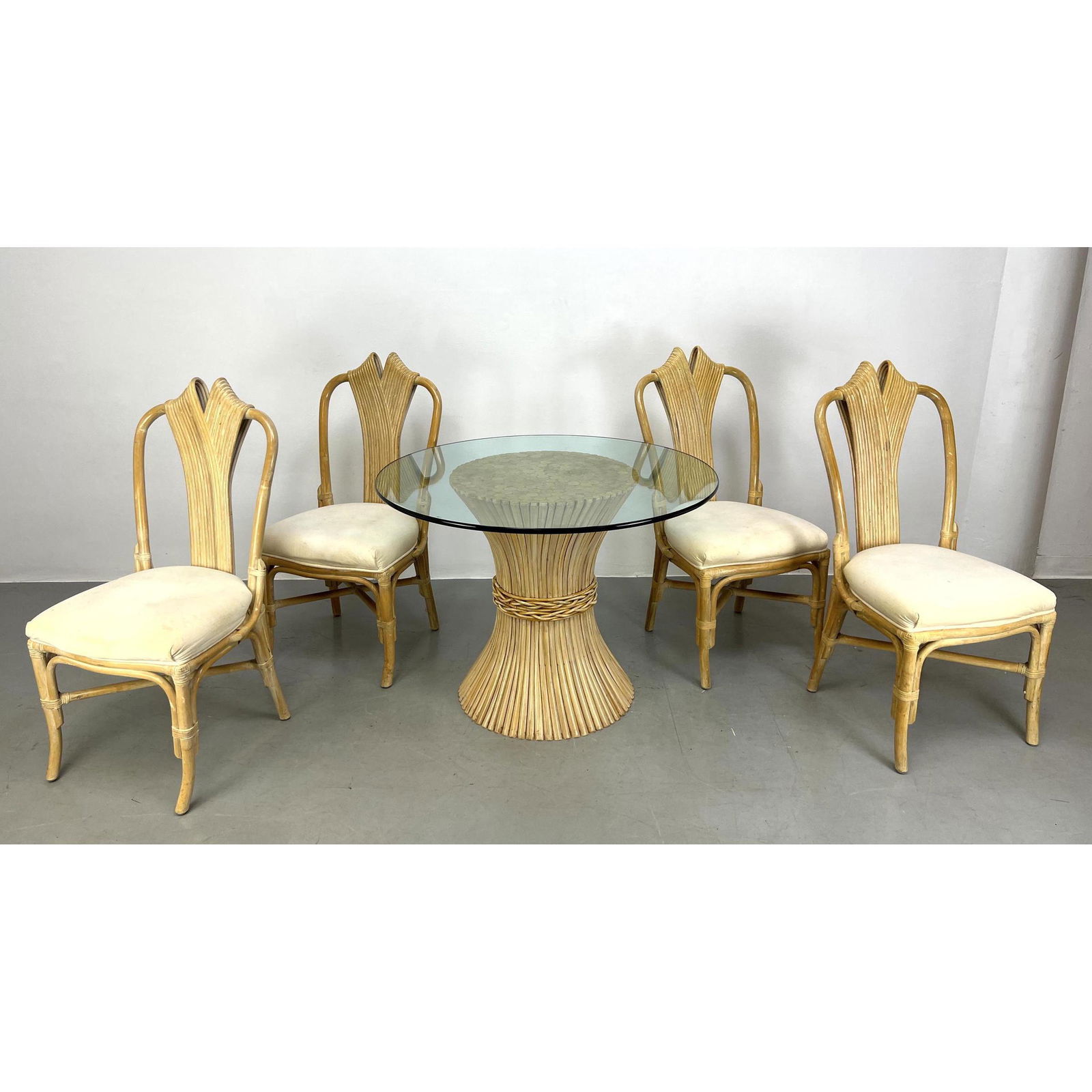 5pc FORT SMITH Rattan Dinette Set. Corseted Table with Glass Top. Four Side Chairs with Tall Sculptu (1 of 17)