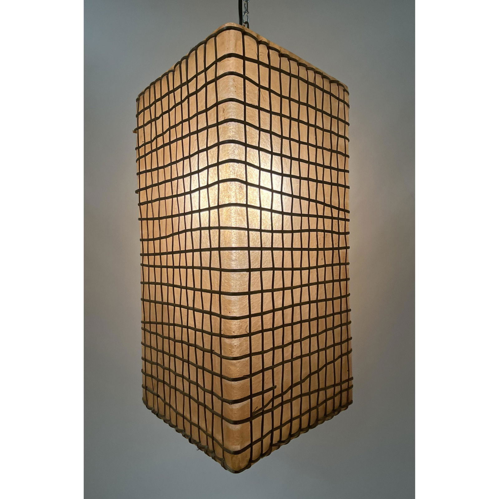 Large Triangular Hanging Pendant Modernist Lamp. Woven Wicker Cage design. (1 of 15)