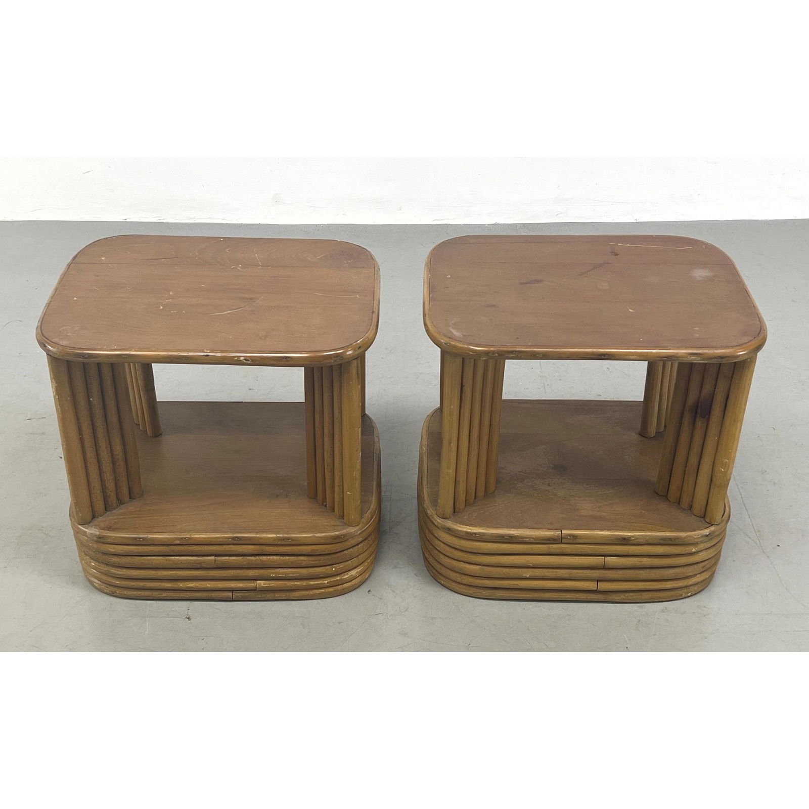 Pr Paul Frankl style Rattan Side Tables. Six banded base. (1 of 10)
