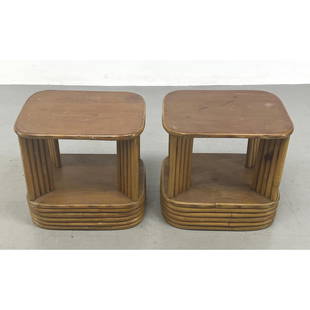 Pr Paul Frankl style Rattan Side Tables. Six banded base.: Pr Paul Frankl style Rattan Side Tables. Six banded base. Dimensions: H: 18 inches: W: 14 inches: D: 19 inches ---
