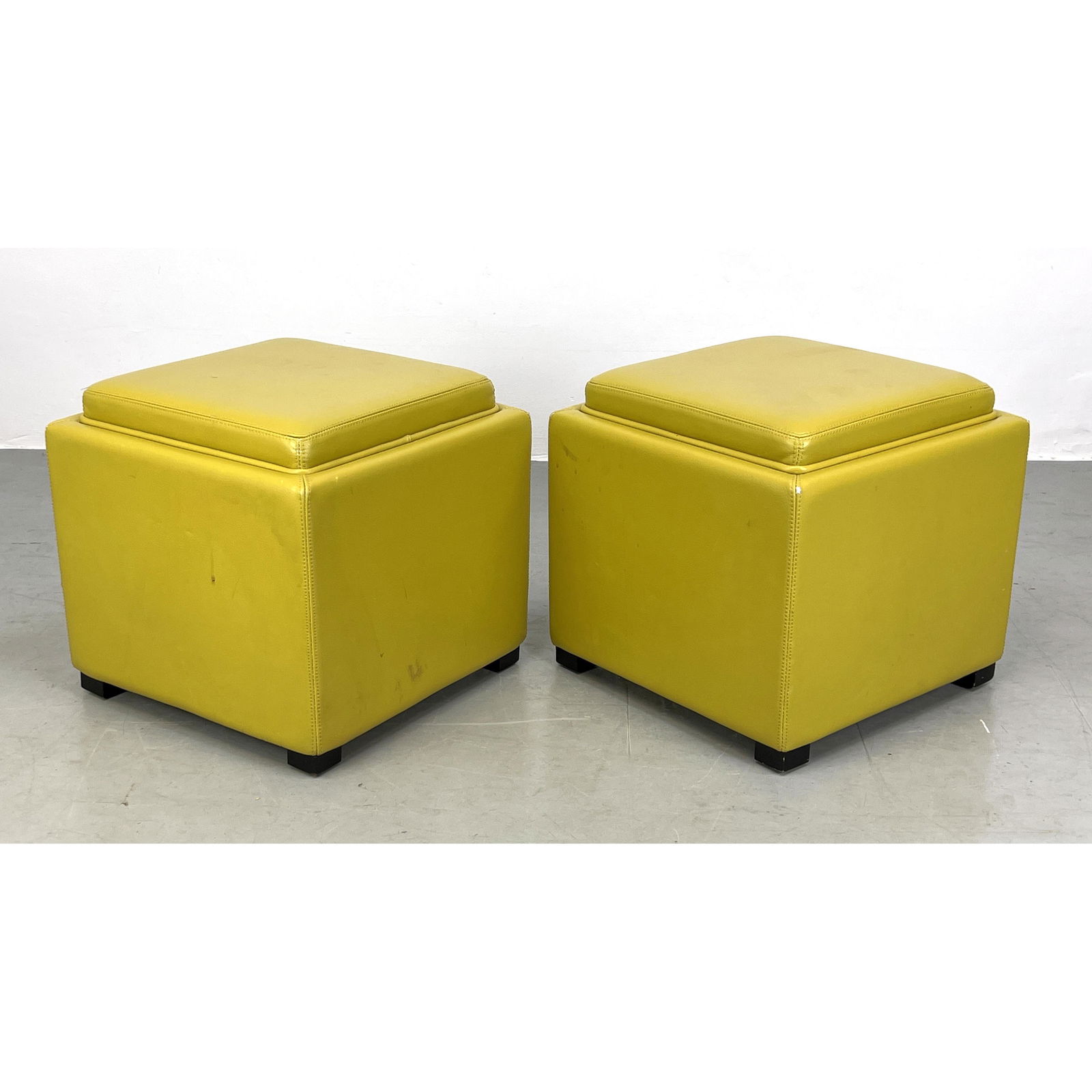 Pr Yellow Vinyl Storage Stools Ottoman. Top is reversible from cushion seat to ebonized wood table t (1 of 12)