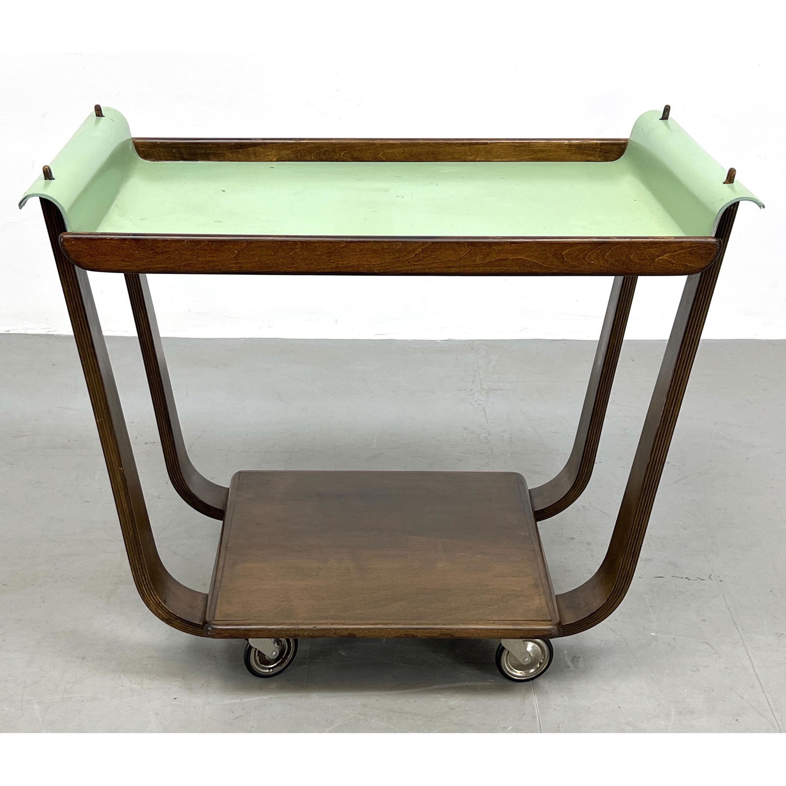 Art Deco Rolling Serving Bar Cart. Wood Frame with Aqua Painted Tray Top. (1 of 12)