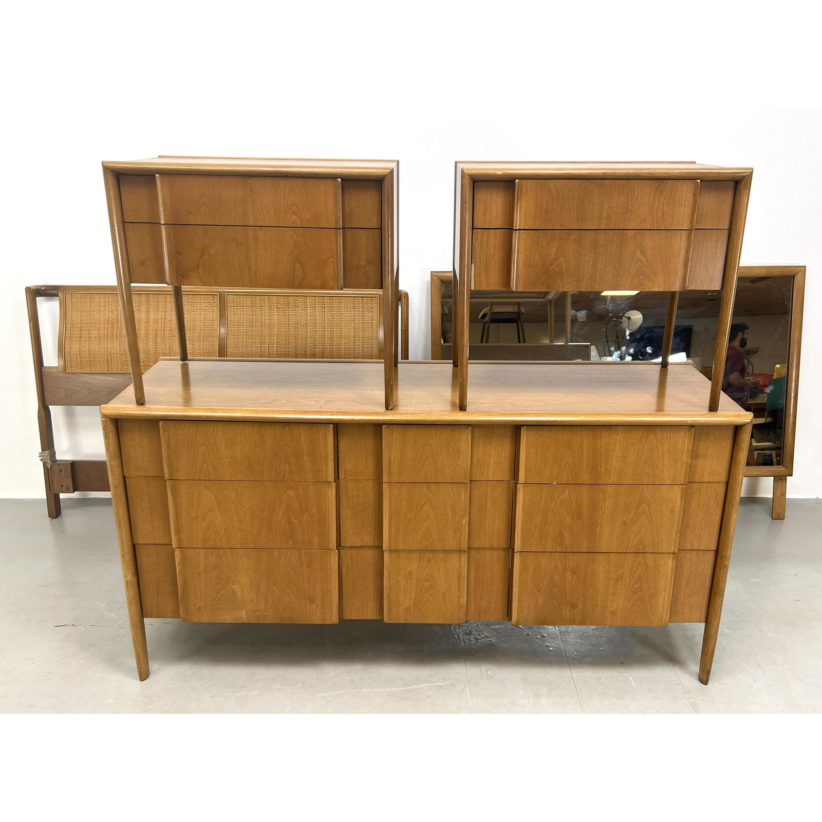 5pc DREXEL Bedroom Set.  Parallel by Drexel. Pair side tables, low dresser, mirror, headboard. (1 of 14)