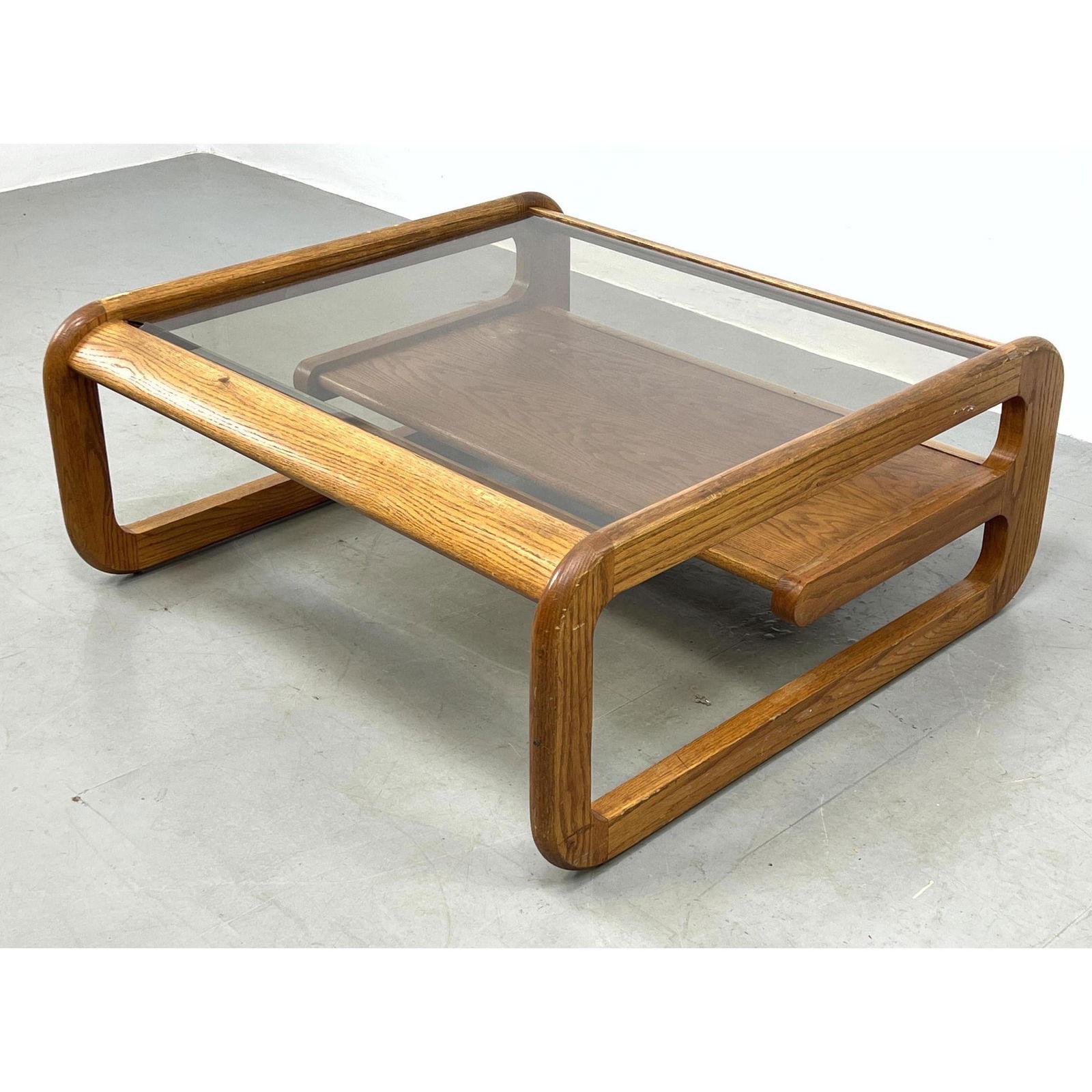 LOU HODGES Oak Coffee table with glass top and lower shelf. By Mersman (1 of 11)
