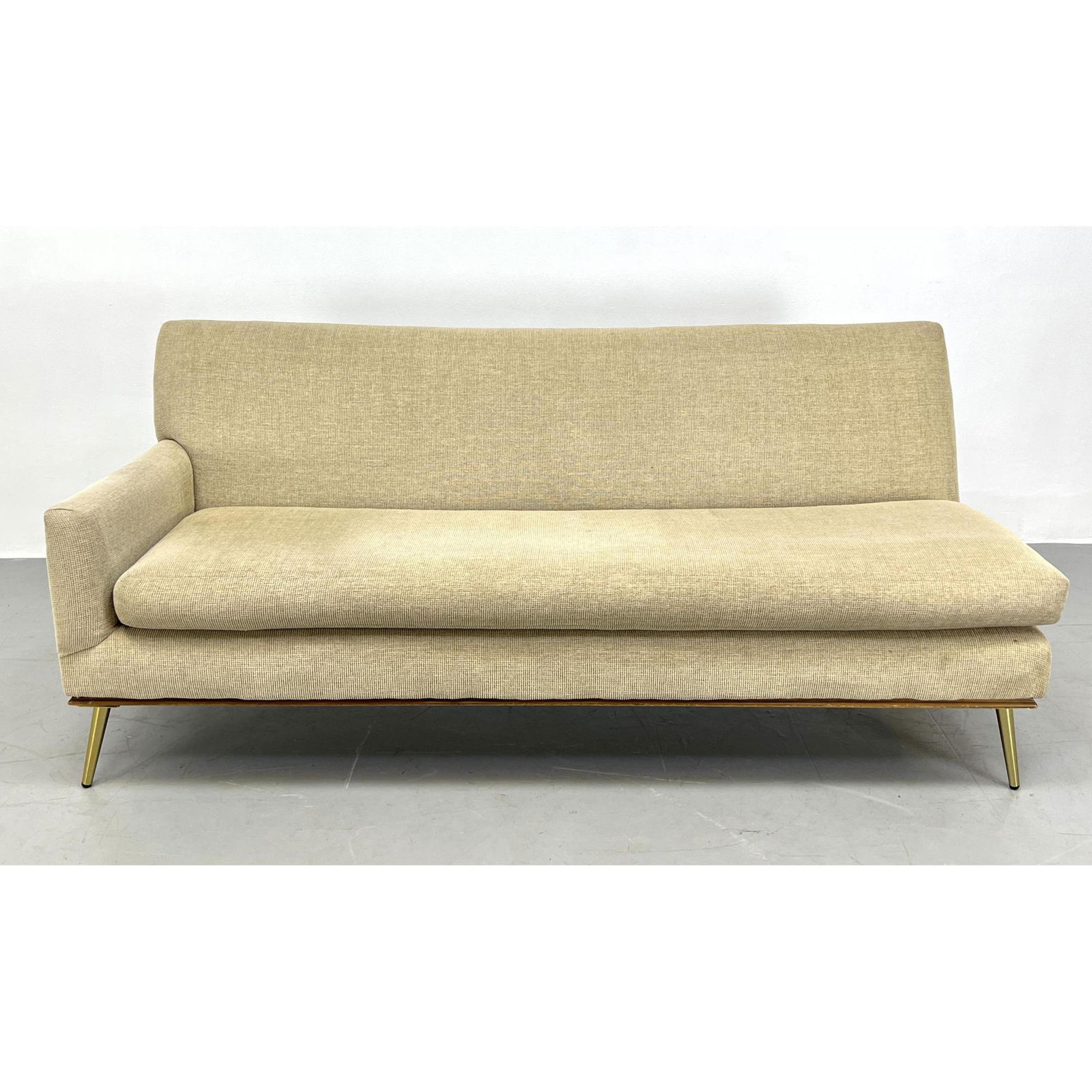 Modernist Single Arm Sofa Couch. Clean horizontal form raised on thin wood frame and tapered brass t (1 of 11)