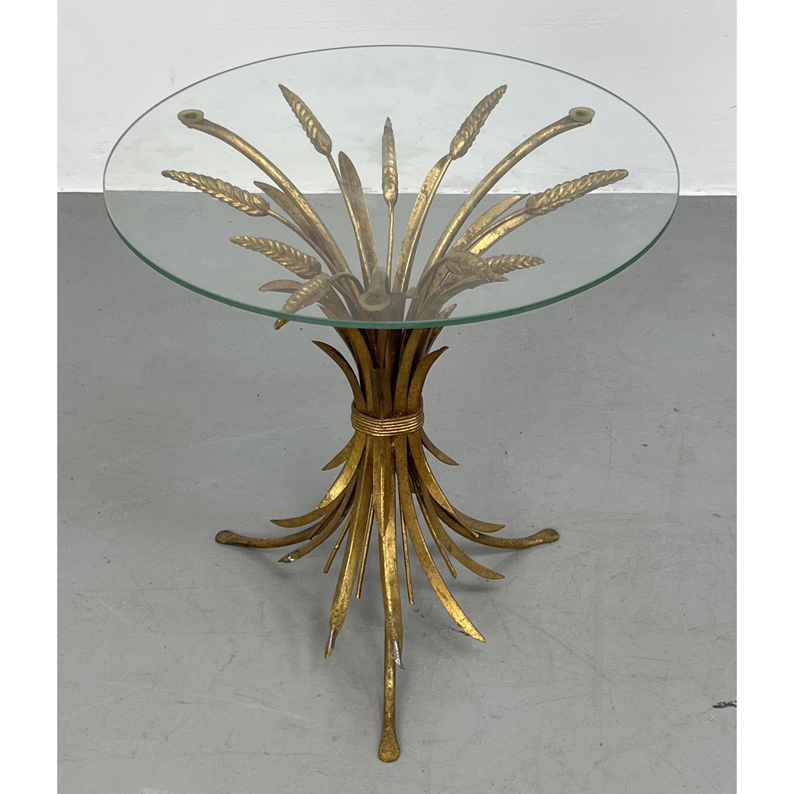 Gilt Metal Italian Wheat Sheaf Side Table. Round Glass Top. (1 of 6)