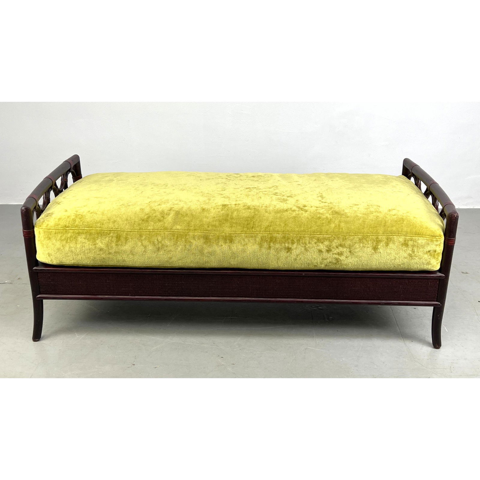 McGUIRE Dark Stained Rattan Ring Design Bench. Thick Upholstered seat cushion. Picture shows gold bu (1 of 11)