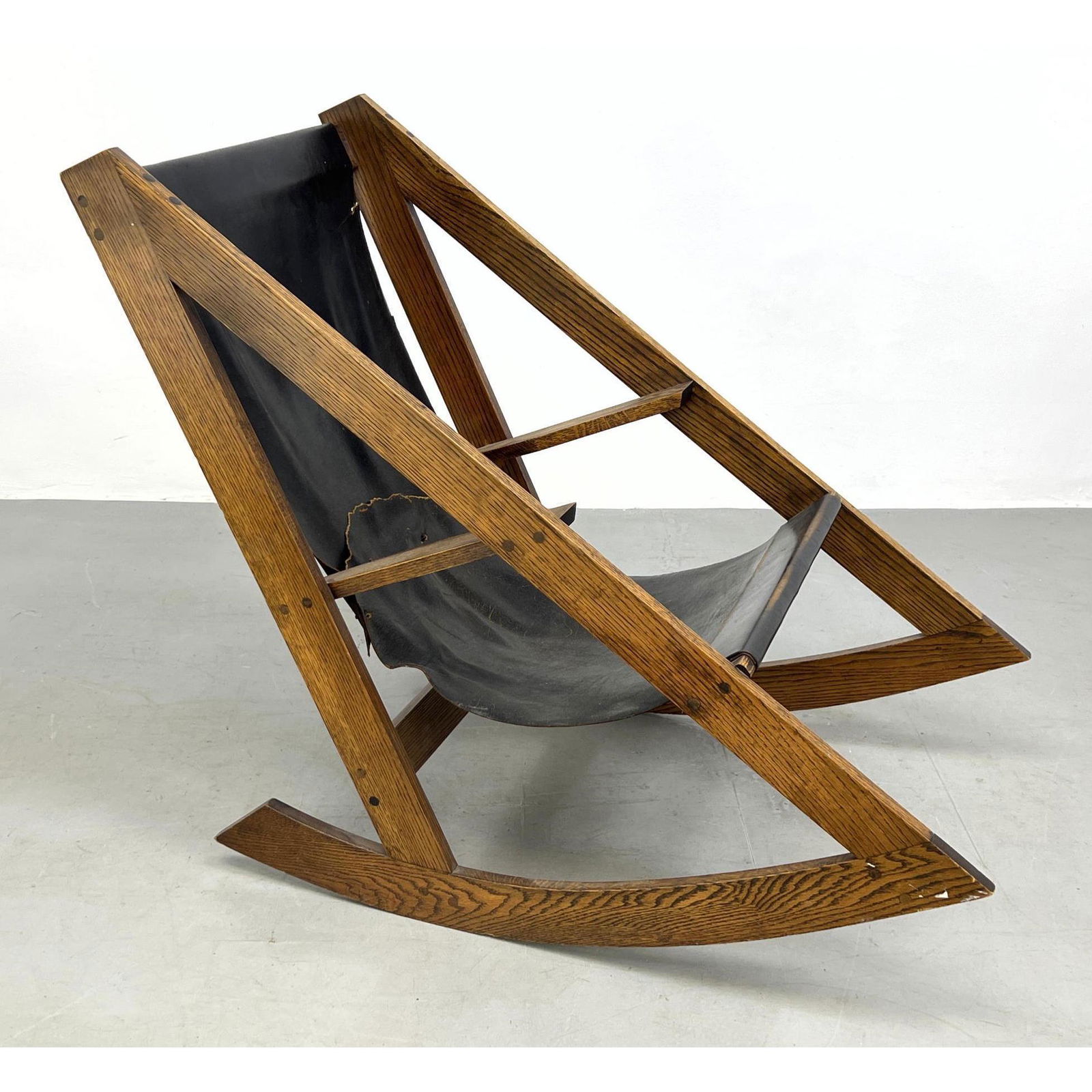 Oak Compass Form Frame Modernist Rocking Chair. Black leather sling seat rocker. (1 of 11)