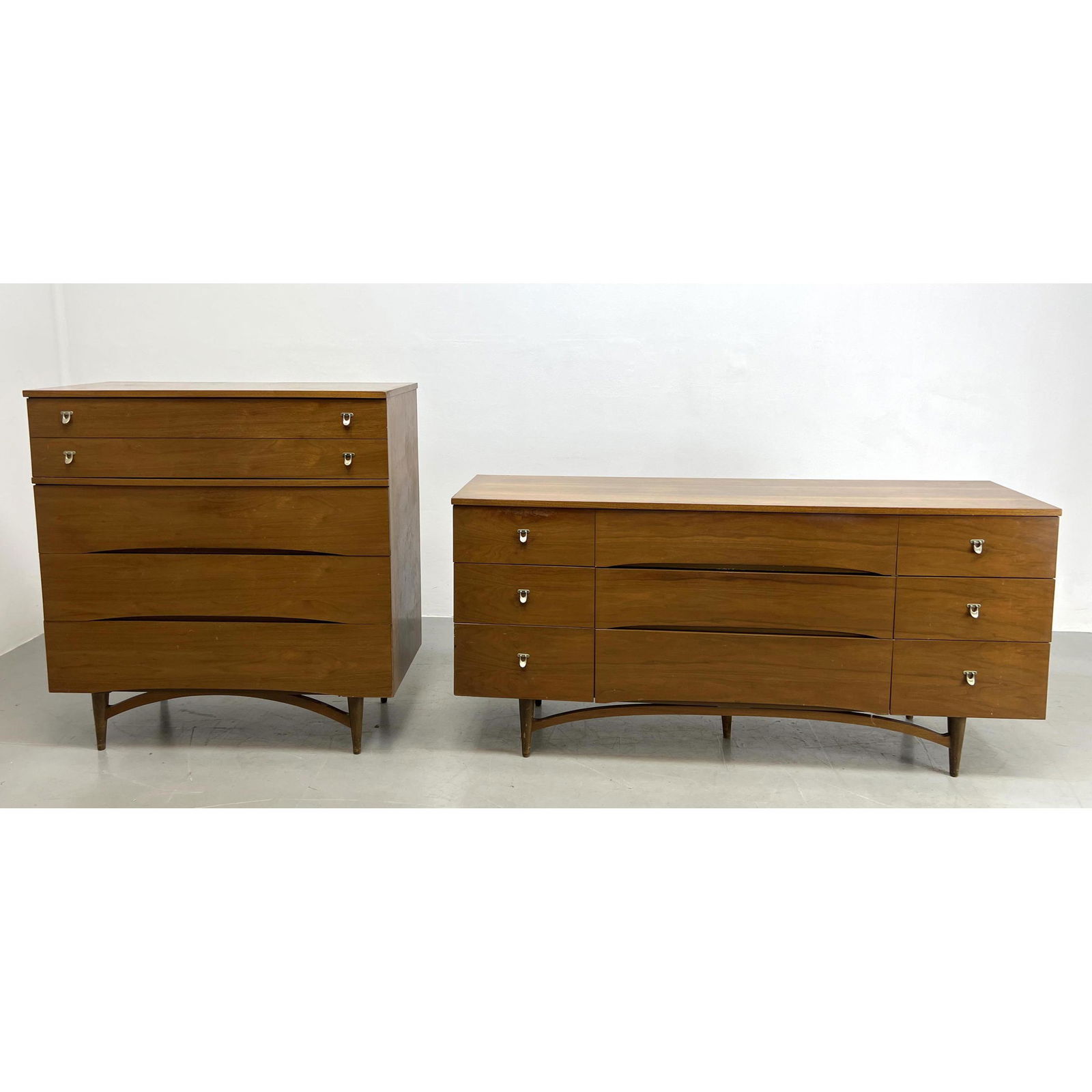 2pc American modern walnut bedroom set. Low chest:  30.5x64.25x18.25 Tall and Low dressers. (1 of 11)