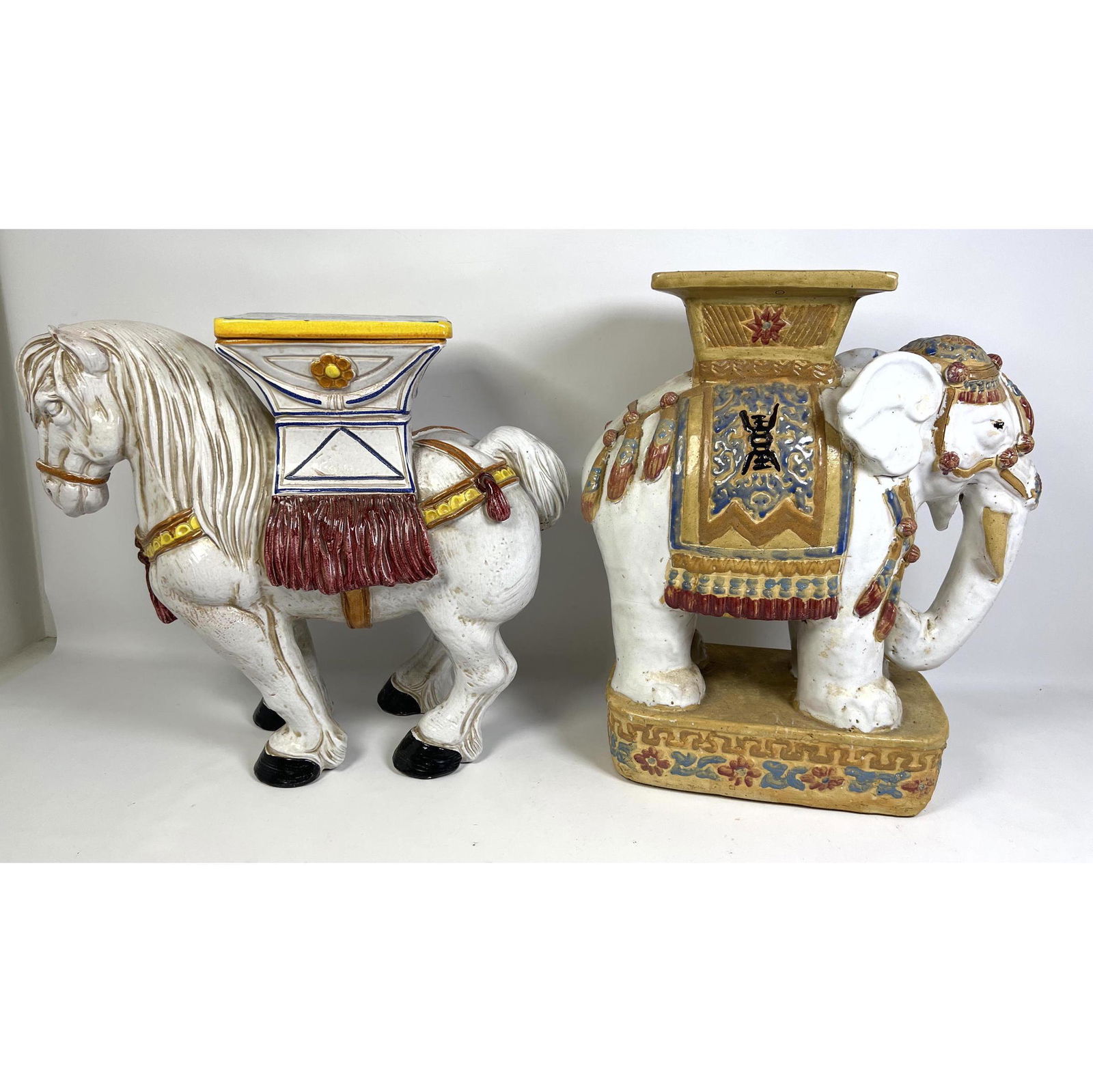 2pcs Polychrome Garden Pedestal Stools. Horse and Elephant. Italy and VN. (1 of 8)