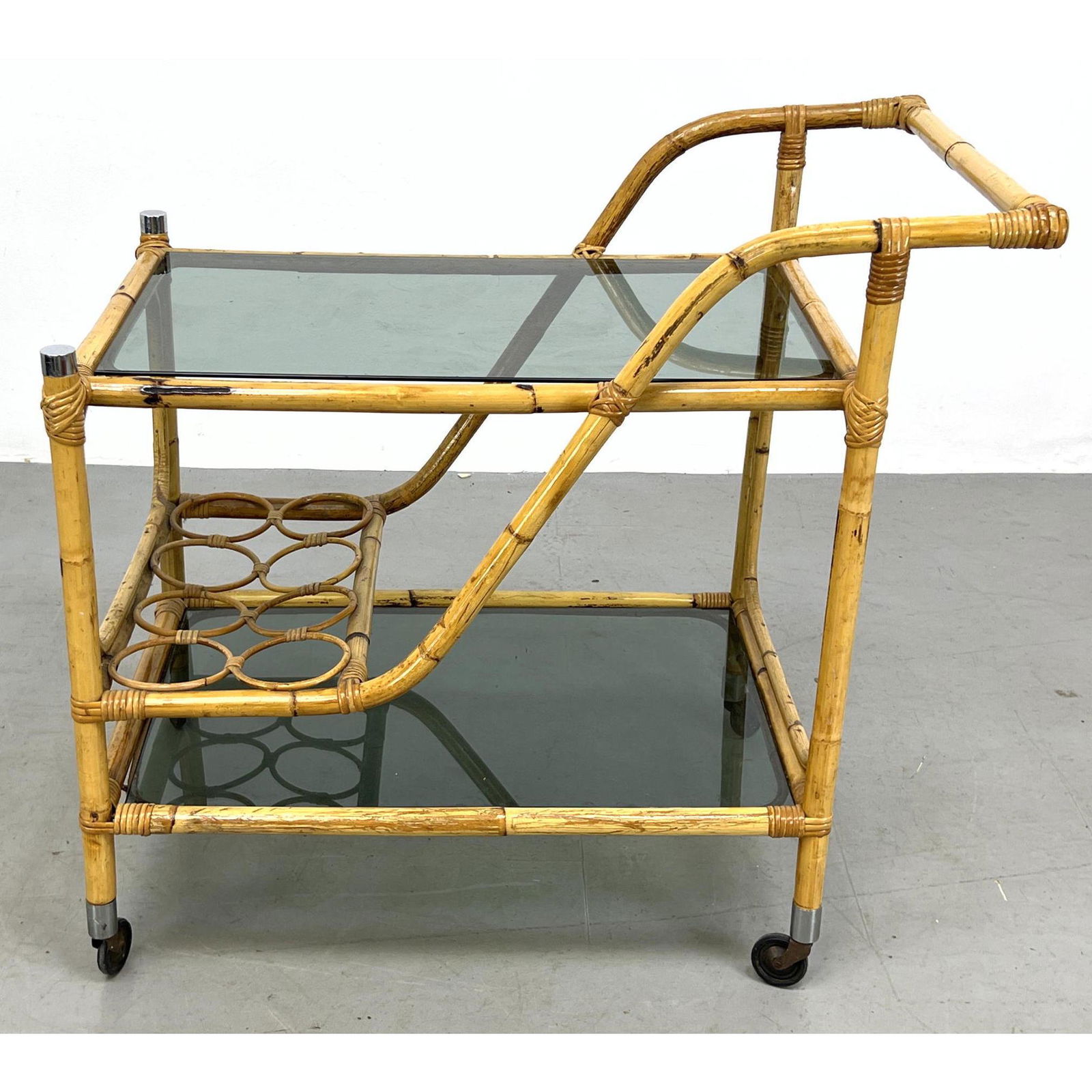 French style Rattan Serving Bar Rolling Cart. Two Topaz Glass Tiers. Rattan bottle section. (1 of 11)