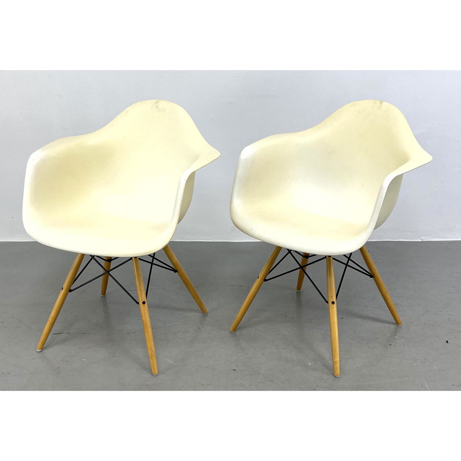 Pr Vitra Eames office shell arm chairs. Tan. Labeled. Dowell leg. (1 of 12)