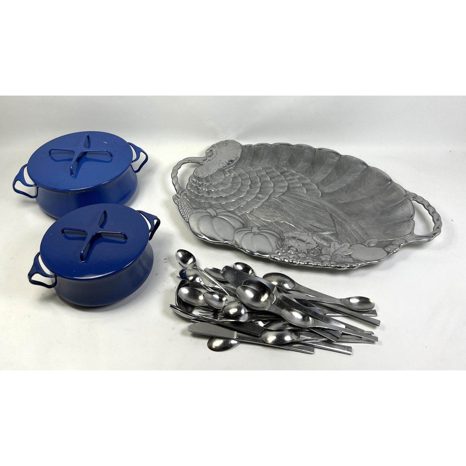 Metal Kitchenware Lot. Dansk Kobenstyle Pots, Oxford Hall Flatware, Gorham turkey platter. (1 of 13)