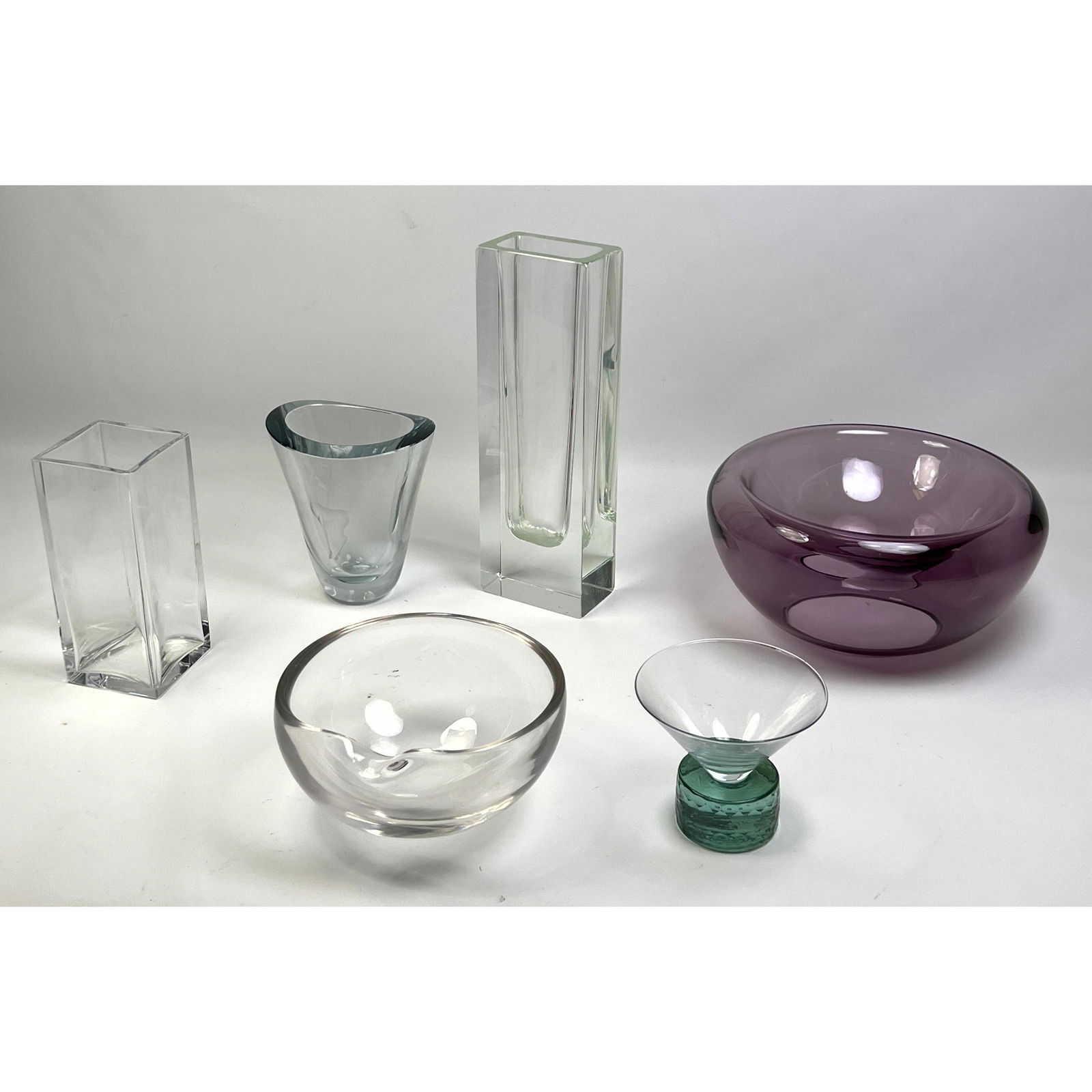 6pc Modern Design Glass Collection. ELSA PERETTI Clear crystal Bowl. BACCARAT Square Column Vase. Pl (1 of 17)