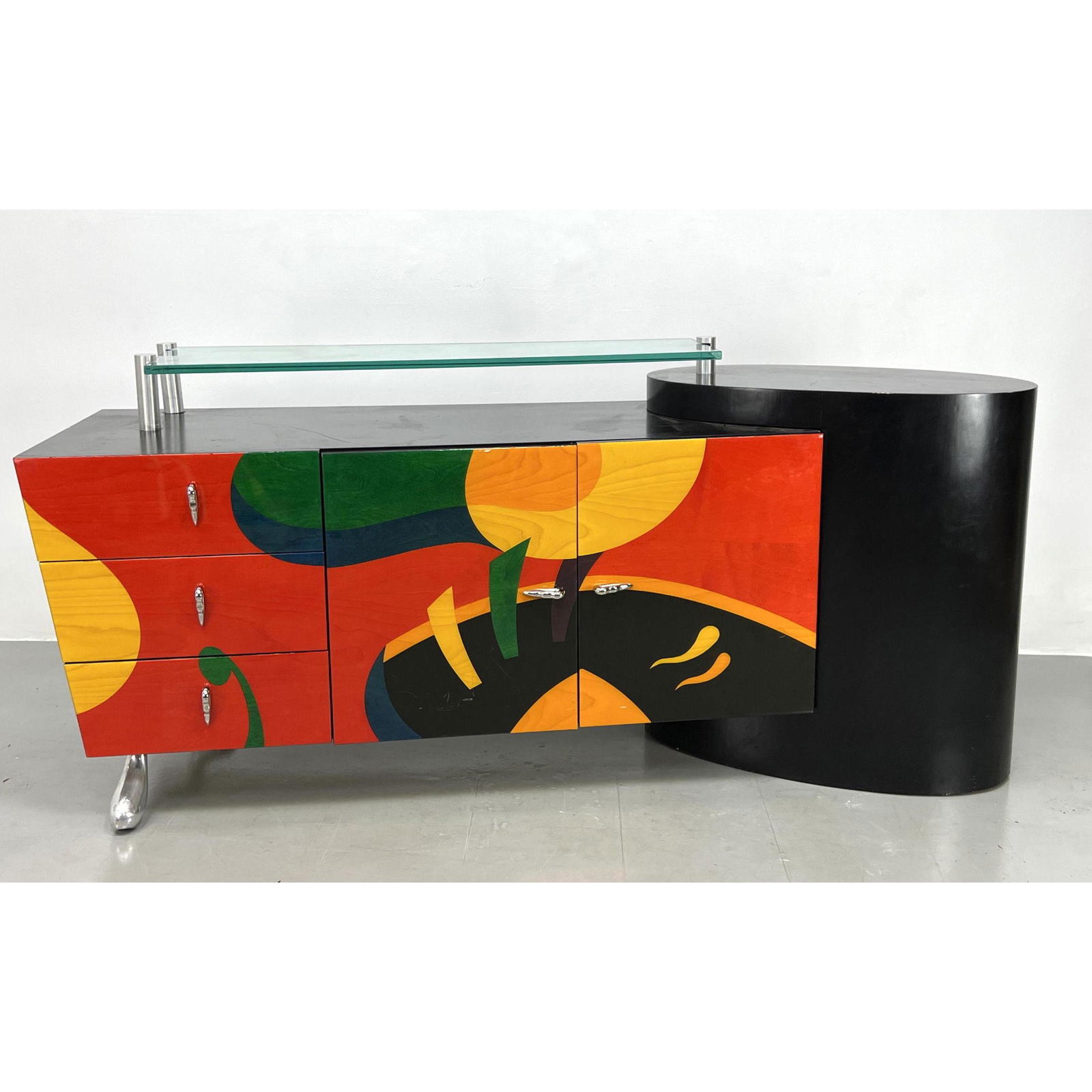 Colorful Lacquered Modern Credenza. Upper Glass Shelf on Ebonized Cabinet. Metal Pulls, Feet and Sup (1 of 17)