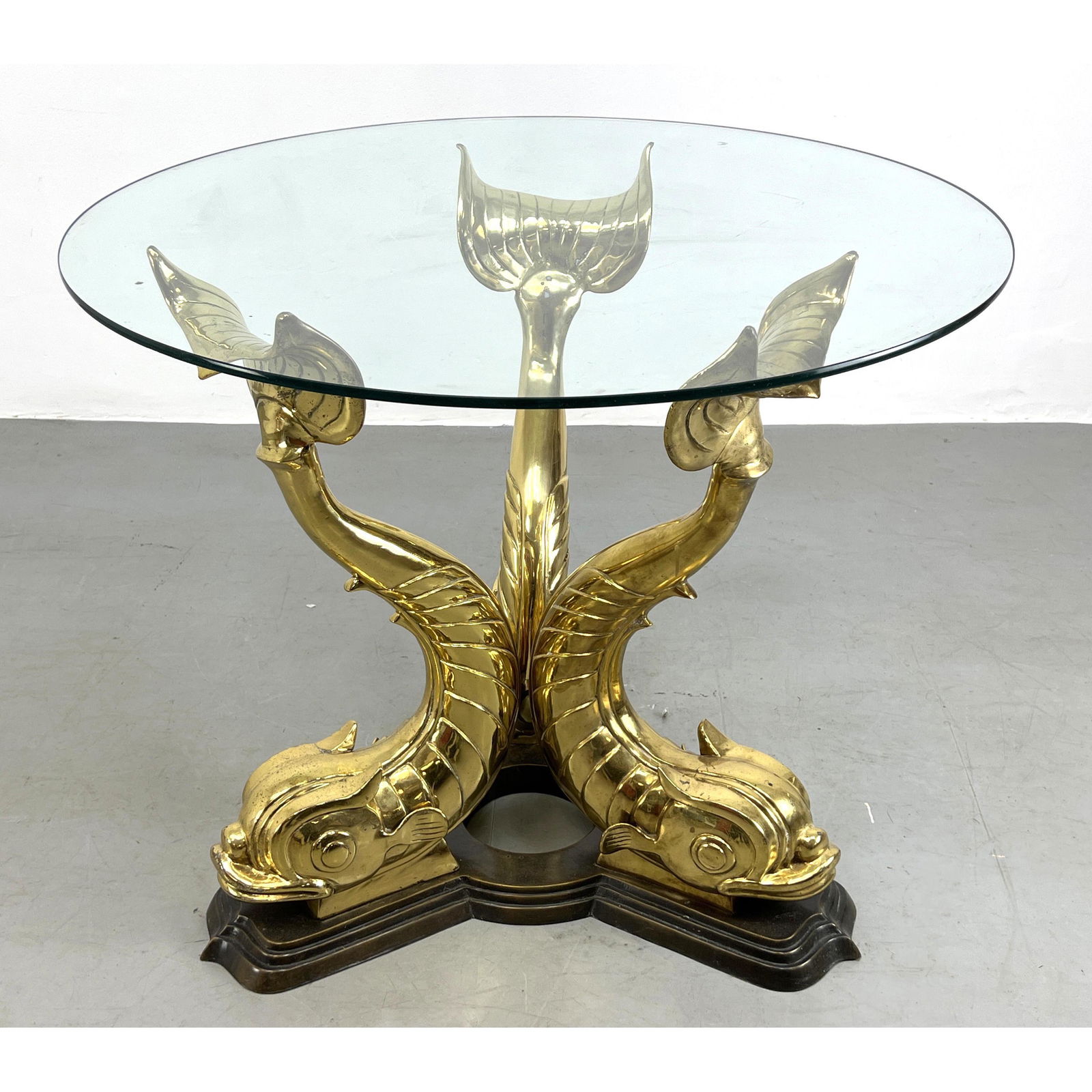 Decorator Three Brass Dolphin Base Center Table. Round Glass Top. (1 of 7)