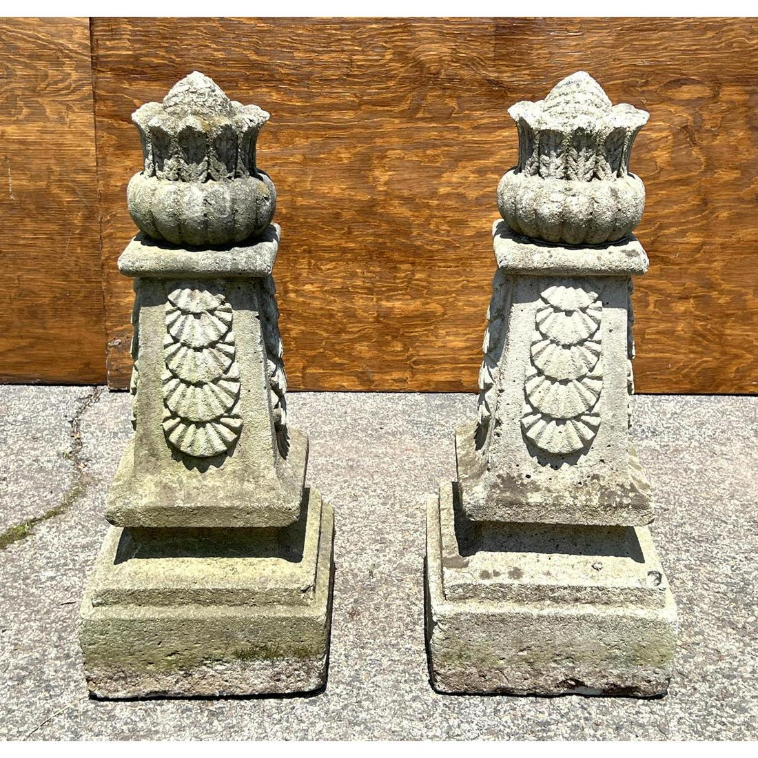 Pr Vintage Outdoor Heavy Cast Concrete Obelisks. Layered shell design with Artichoke finials. Outdoo (1 of 8)