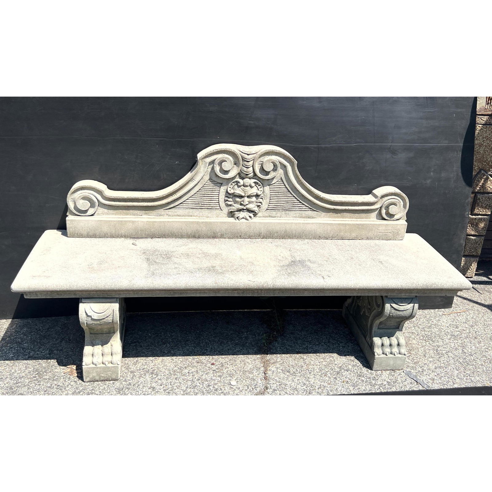NINA STUDIOS Quakertown Cast Cement Outdoor Bench. Decorative Paw Feet. Fancy Back with Broken pedim: NINA STUDIOS Quakertown Cast Cement Outdoor Bench. Decorative Paw Feet. Fancy Back with Broken pediment design and North Wind Face. Marked. Garden, Patio. Dimensions: H: 35 inches: W: 73 inches: D: 20