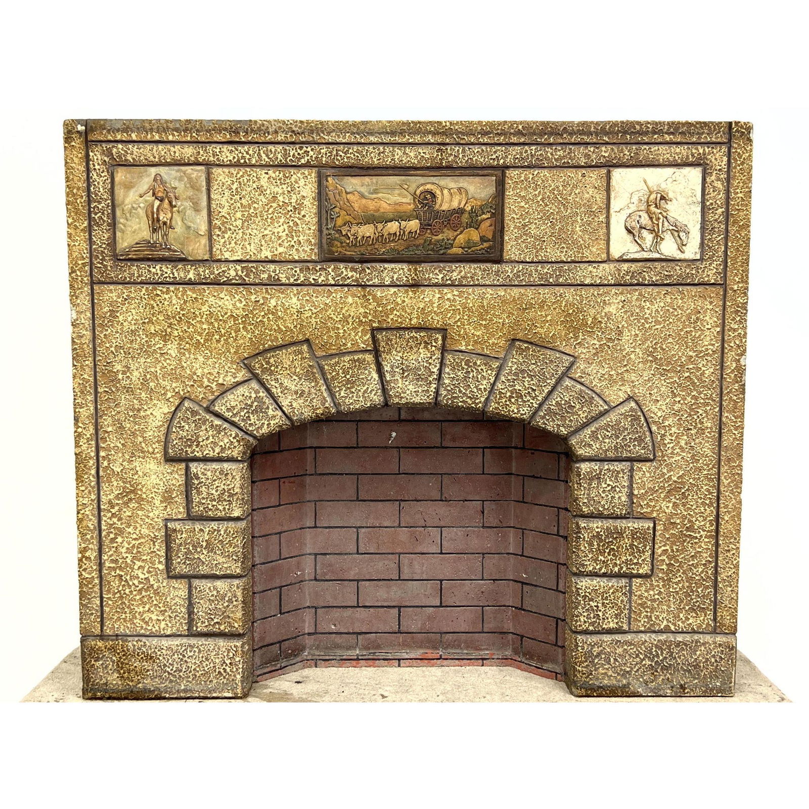 Arts and Crafts Antique Cement Fireplace Mantle ca 1920s with Frederick Remington StyleTiles. Belie (1 of 15)