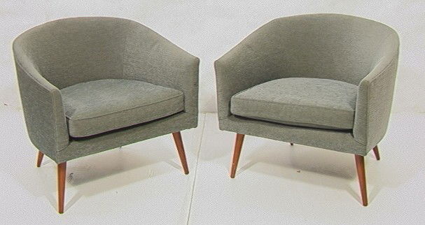 Pair Of Barrel Back Lounge Chairs. Possibly Thay: Pair Of Barrel Back Lounge Chairs. Possibly Thayer Coggin. Tapered Peg Legs. Newly reupholstered.-- Dimensions: H: 26 inches: W: 26 inches: D: 26 inches --- Condition (General): Very Good Condition. P