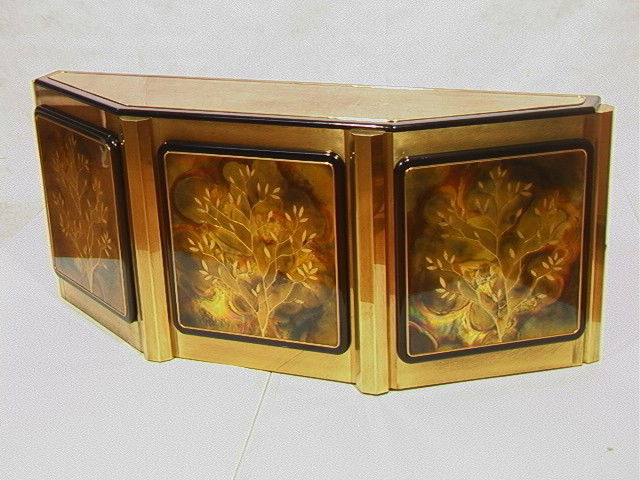 Mastercraft Brass Credenza Sideboard. Three door: Mastercraft Brass Credenza Sideboard. Three door. Possibly Bernard Rohne. Acid etched doors. Labeled.-- Dimensions: H: 30 inches: W: 74.5 inches: D: 19 inches --- Condition (General): Very Good Condit