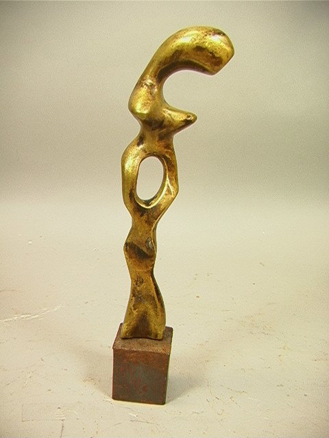 Mathais Goeritz Abstract Bronze Sculpture. Nude: Mathais Goeritz Abstract Bronze Sculpture. Nude form on iron base. Initialed.-- Dimensions: H: 12 inches: W: 3 inches: D: 2 inches --- Condition (General): base rusty. some wear to patina. Please cont