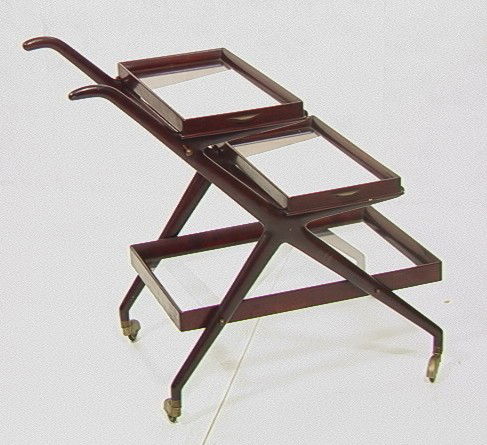CESARE LACCA Italian Rolling Bar Tea Cart. Three: CESARE LACCA Italian Rolling Bar Tea Cart. Three Tier. Top two tiers are removable trays with brass handles. Marked: Made in Italy. -- Dimensions: H: 23.5 inches: W: 33 inches: D: 21 inches --- Condit