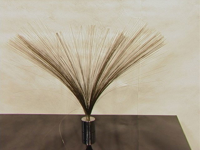 HARRY BERTOIA Style Spray Sculpture on Chrome Cyl: HARRY BERTOIA Style Spray Sculpture on Chrome Cylinder Base. -- Dimensions: H: 20 inches: W: 32 inches --- Condition (General): Some wires and bent and a few are broken near base. Please contact us wi