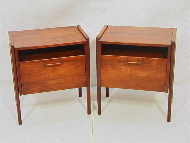Pair Jens Risom Side Tables. Nightstands with dr: Pair Jens Risom Side Tables. Nightstands with drop down fronts. Angled design. Brass pulls.-- Dimensions: H: 25.5 inches: W: 23 inches: D: 18 inches --- Condition (General): Very Good Condition. Some 
